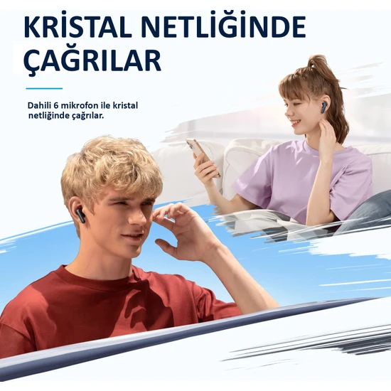 İki kişi kulaklık kullanıyor. Metin: Kristal Netliğinde Çağrılar, Dahili 6 mikrofon ile.