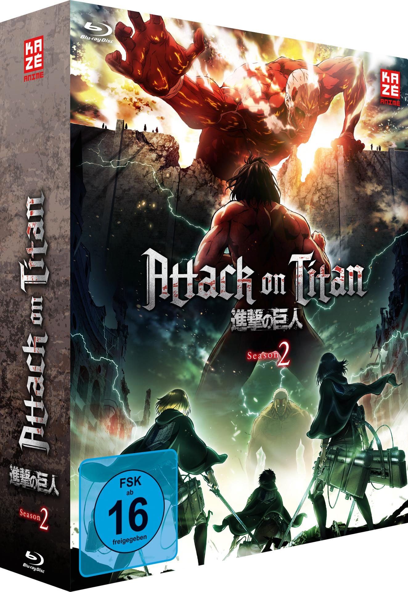 Attack on Titan Staffel 2 Blu-ray-Box-Set. Mit Anime-Charakteren und feurigem Hintergrund.