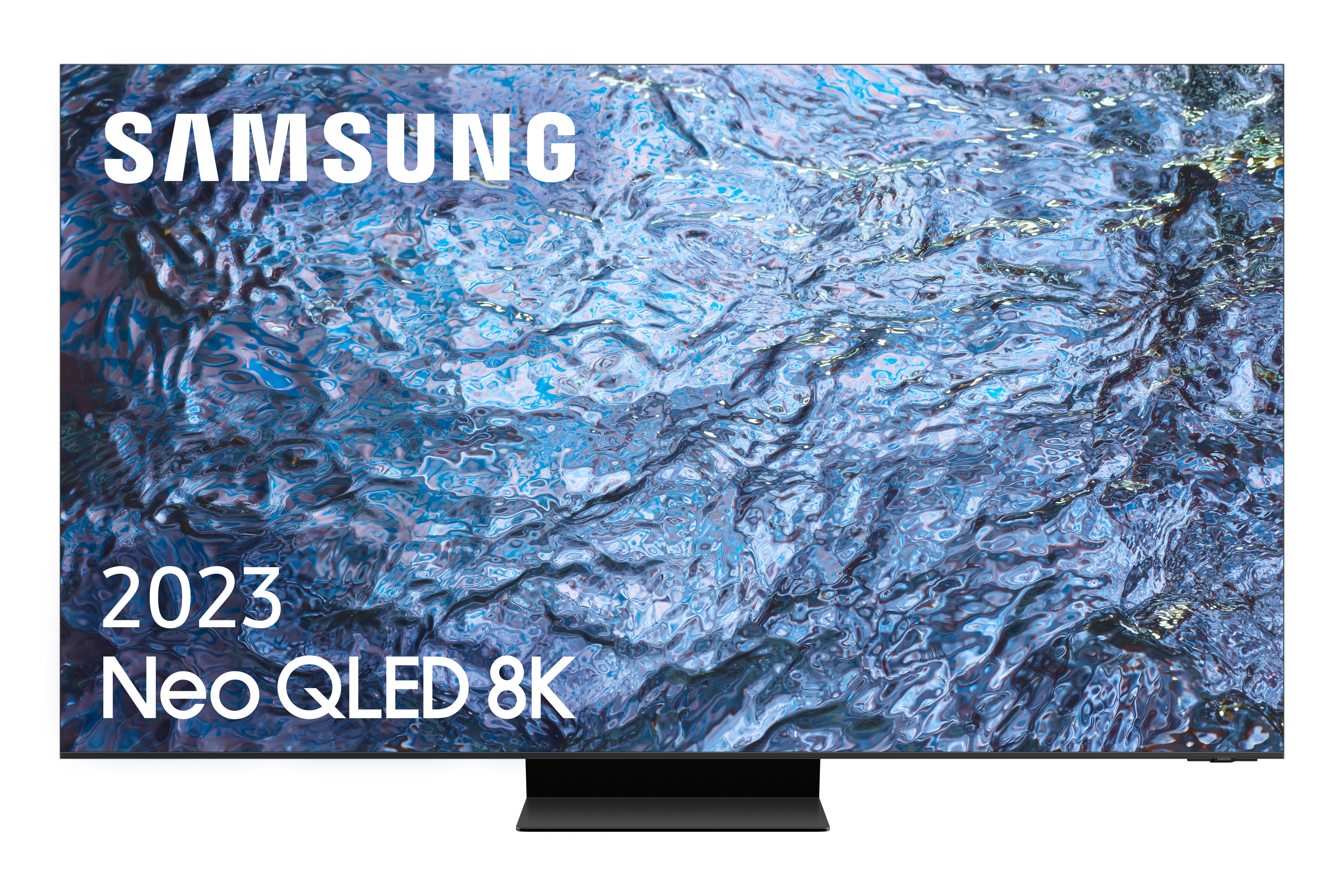 Un televisor Samsung 2023 Neo QLED 8K se presenta sobre un fondo blanco.