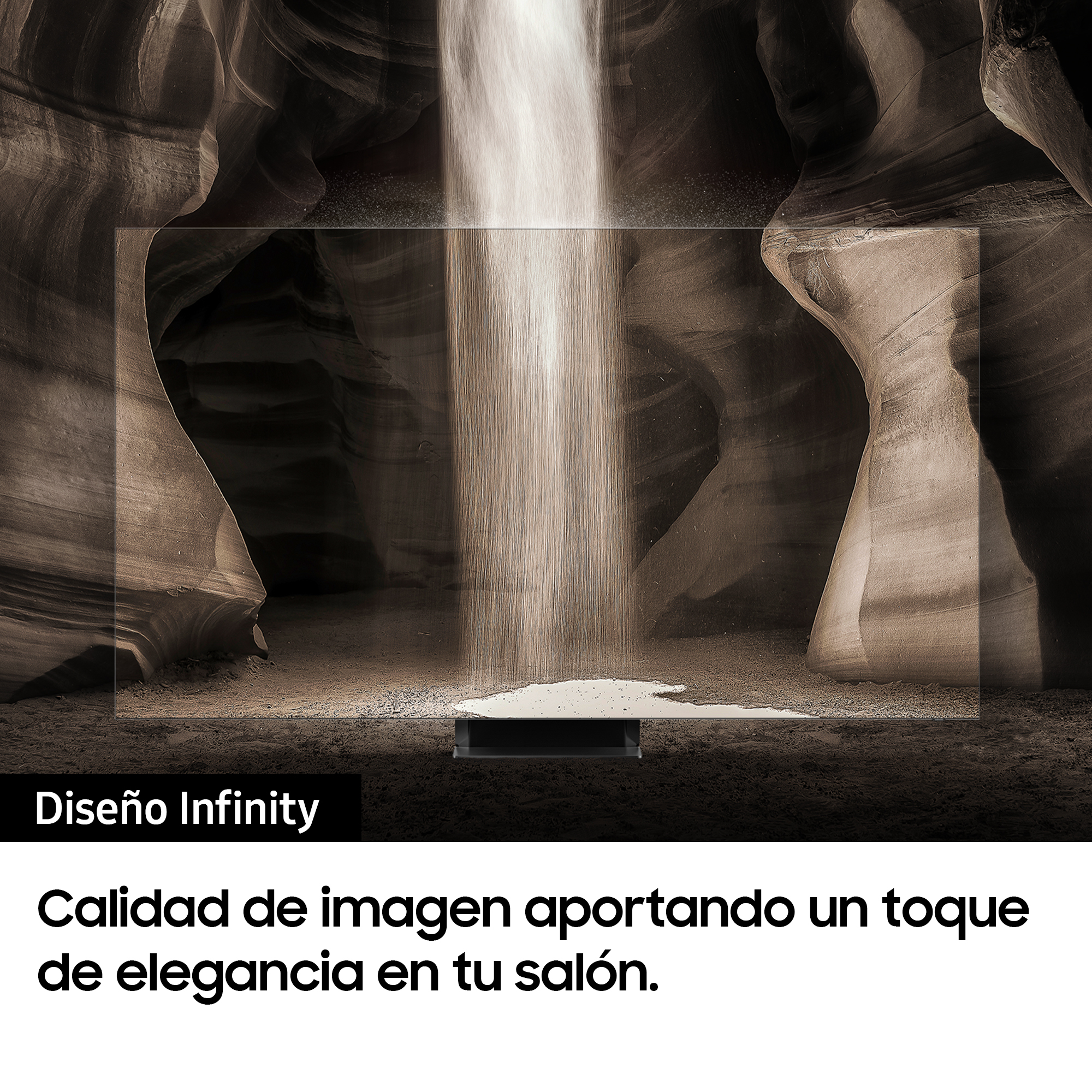 Pantalla de TV mostrando una escena de cascada dentro de un cañón. Texto: 'Diseño Infinity'.