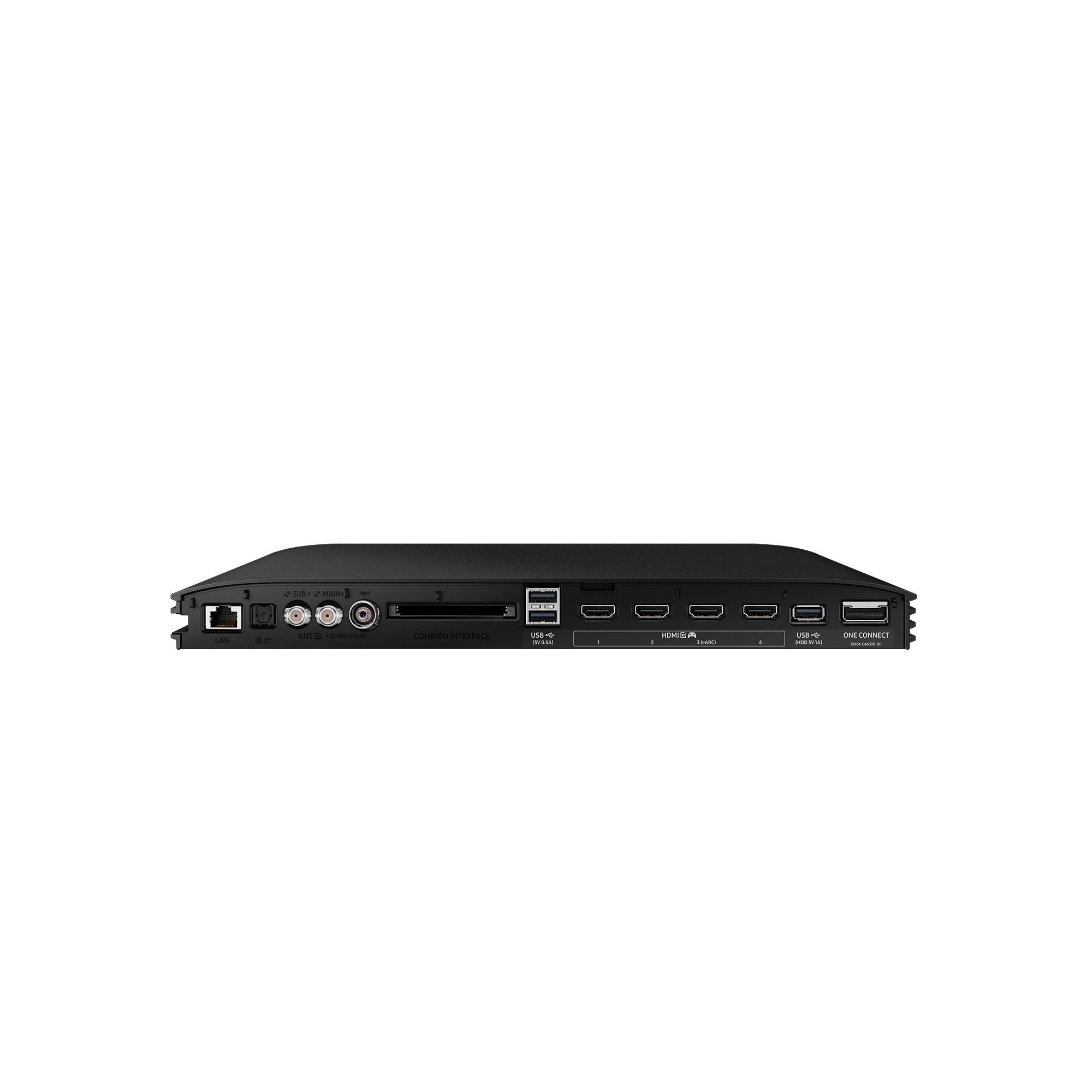 Parte trasera de un dispositivo con varios puertos. Tiene múltiples puertos HDMI, USB y otros.