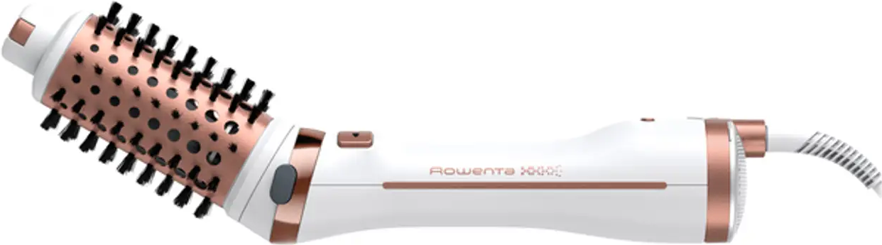 Styler capillaire blanc et or rose avec brosse, incliné vers la gauche.