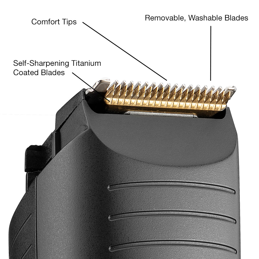 Nahaufnahme eines schwarzen Trimmers. Titanbeschichtete Klingen und Komfortspitzen sind sichtbar.