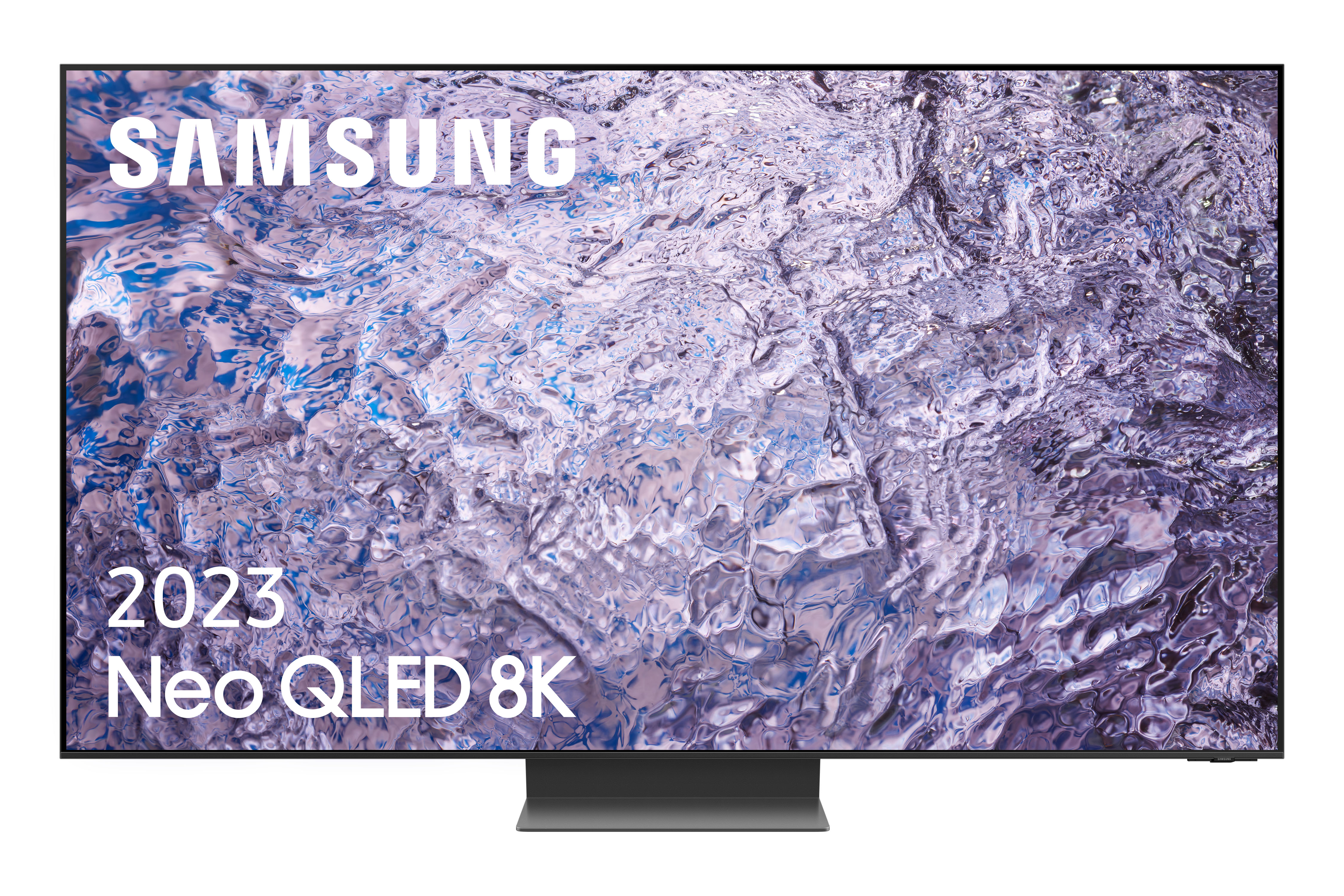 Un gran televisor Samsung 2023 Neo QLED 8K sobre una superficie blanca, mostrando una imagen borrosa y abstracta.