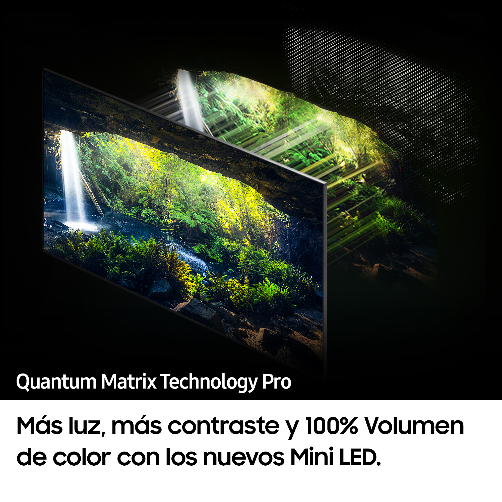 Pantalla de TV mostrando una cascada en un bosque, texto 'Quantum Matrix Technology Pro'.