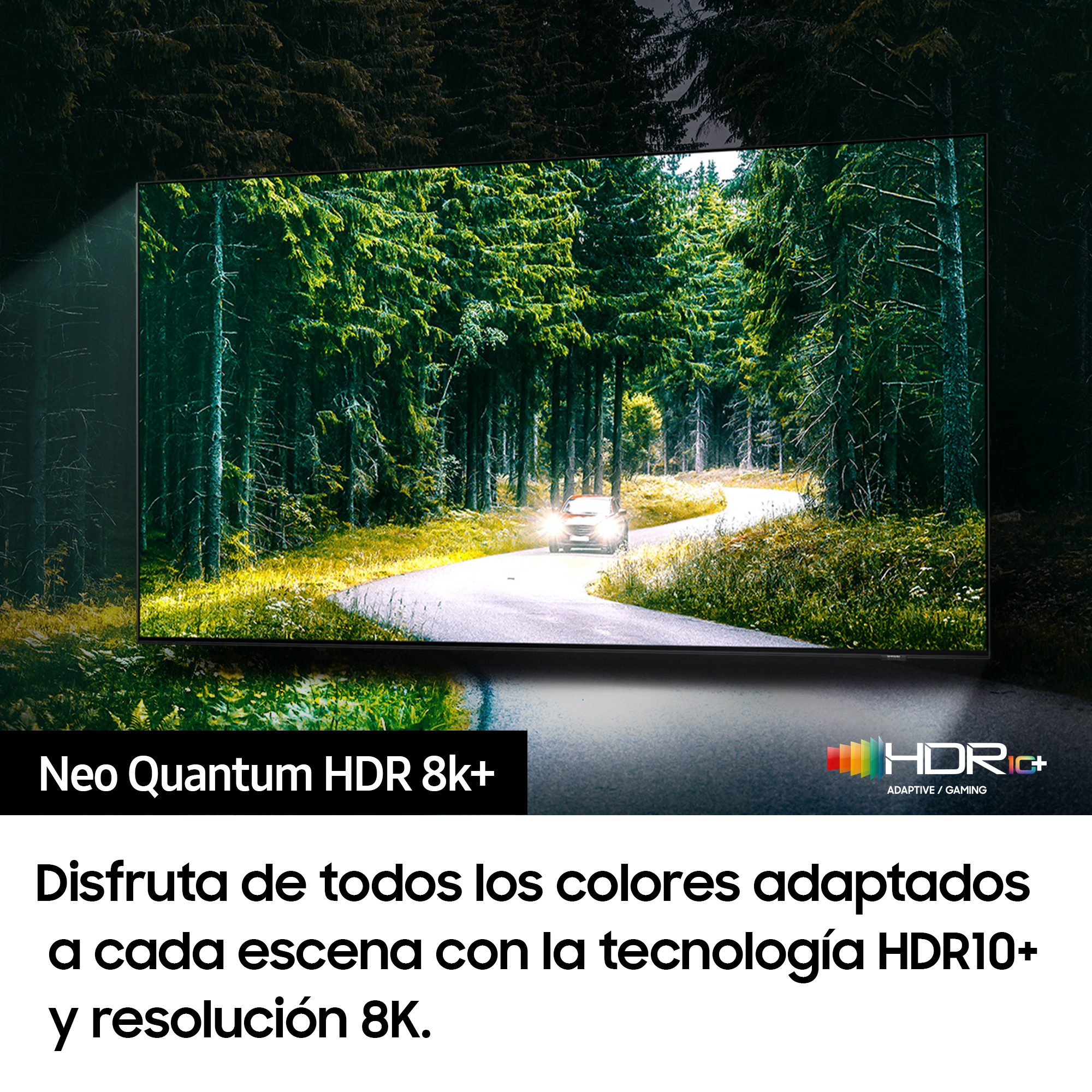 Pantalla de televisión mostrando una escena forestal. Texto: Neo Quantum HDR 8k+, Disfruta de todos los colores.