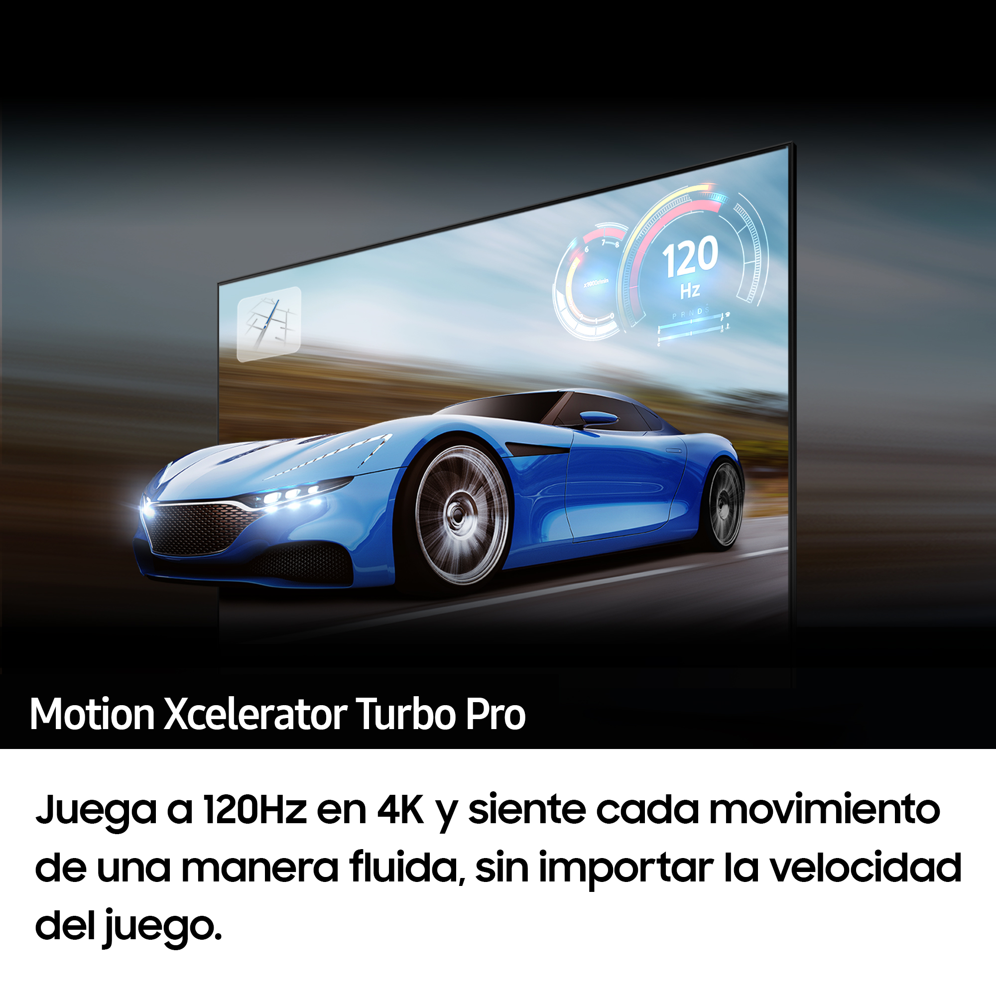 Un coche azul en un monitor con interfaz de juego. Texto en español: Juega a 120Hz en 4K.