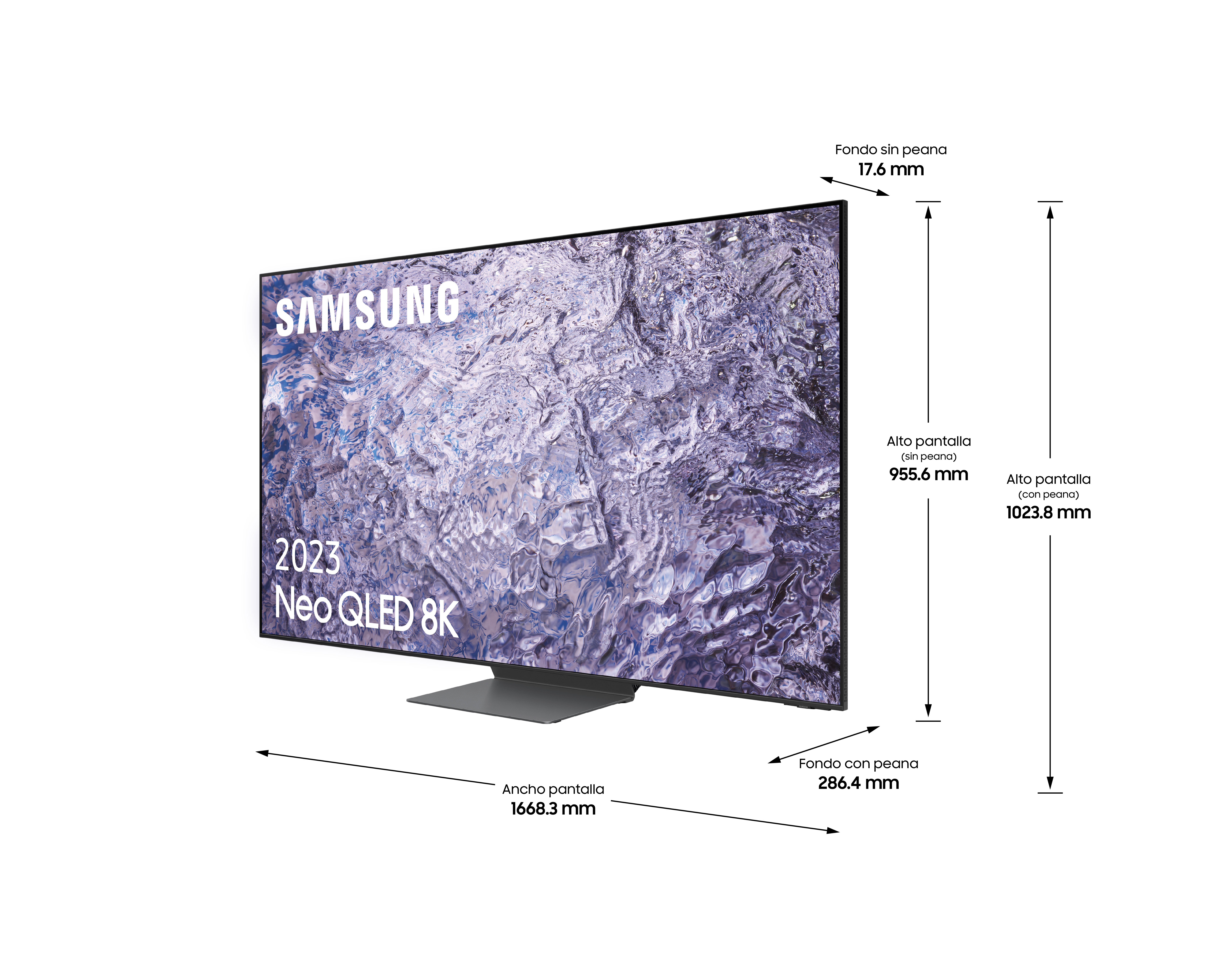 Televisor grande con dimensiones, vista en ángulo.
