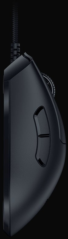 Black gaming mouse with side buttons and a textured surface.