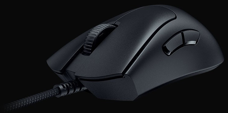 A black gaming mouse with a scroll wheel and buttons on a black background, connected with a cable.