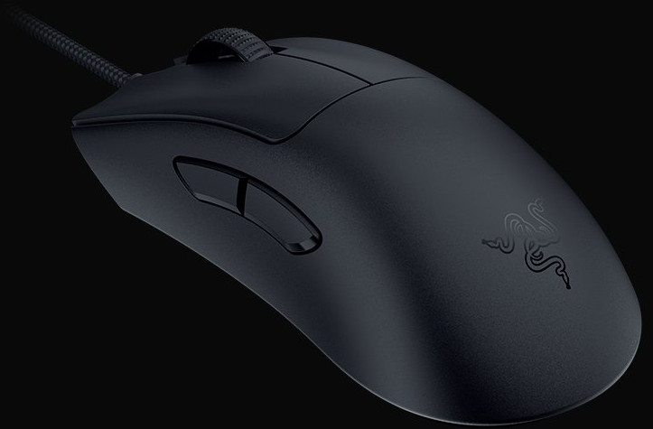 Black Razer gaming mouse. Corded, with two side buttons and Razer logo.