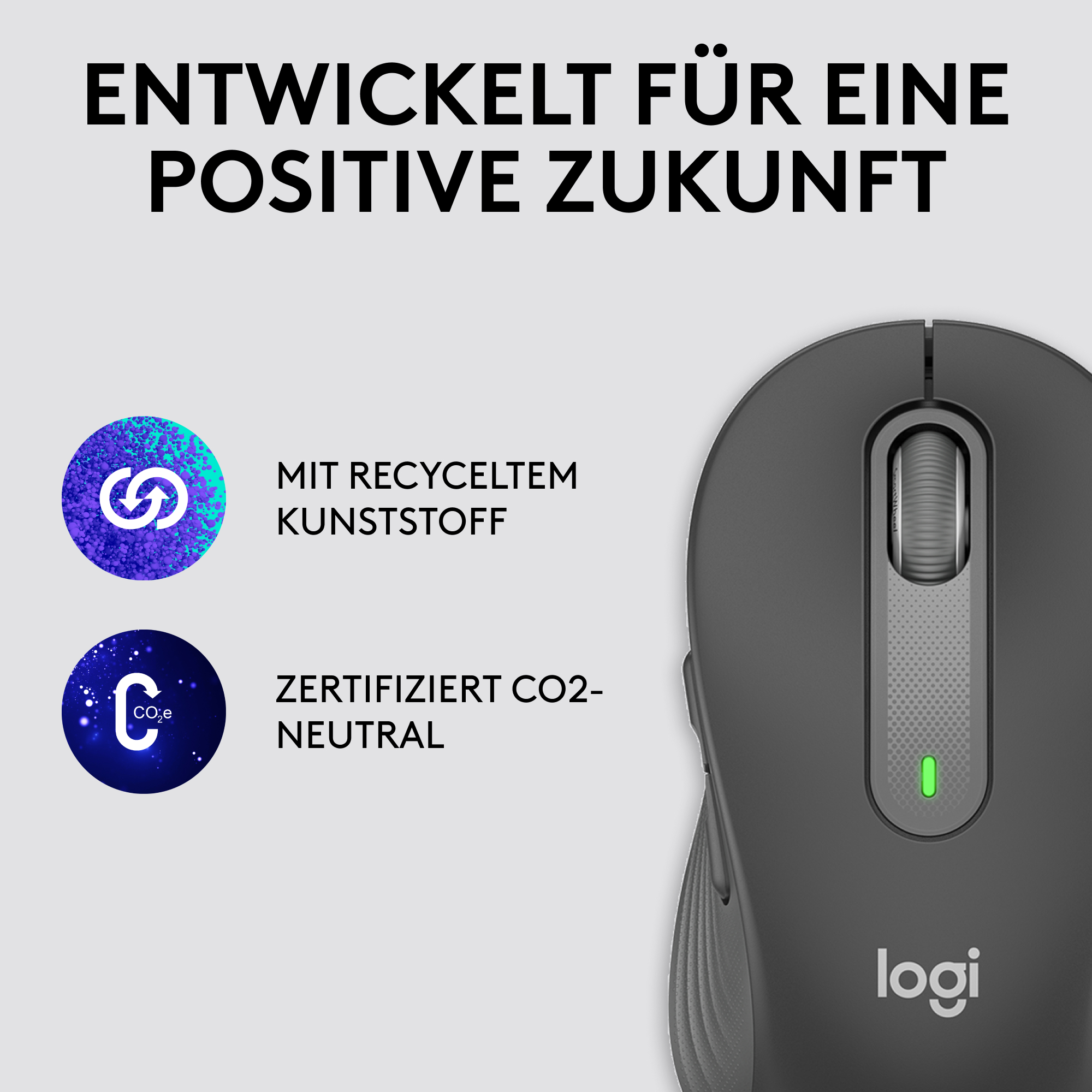Graue Computermaus mit zwei Symbolen. Text: 'Mit recyceltem Kunststoff'. Text: 'Zertifiziert CO2-Neutral'.