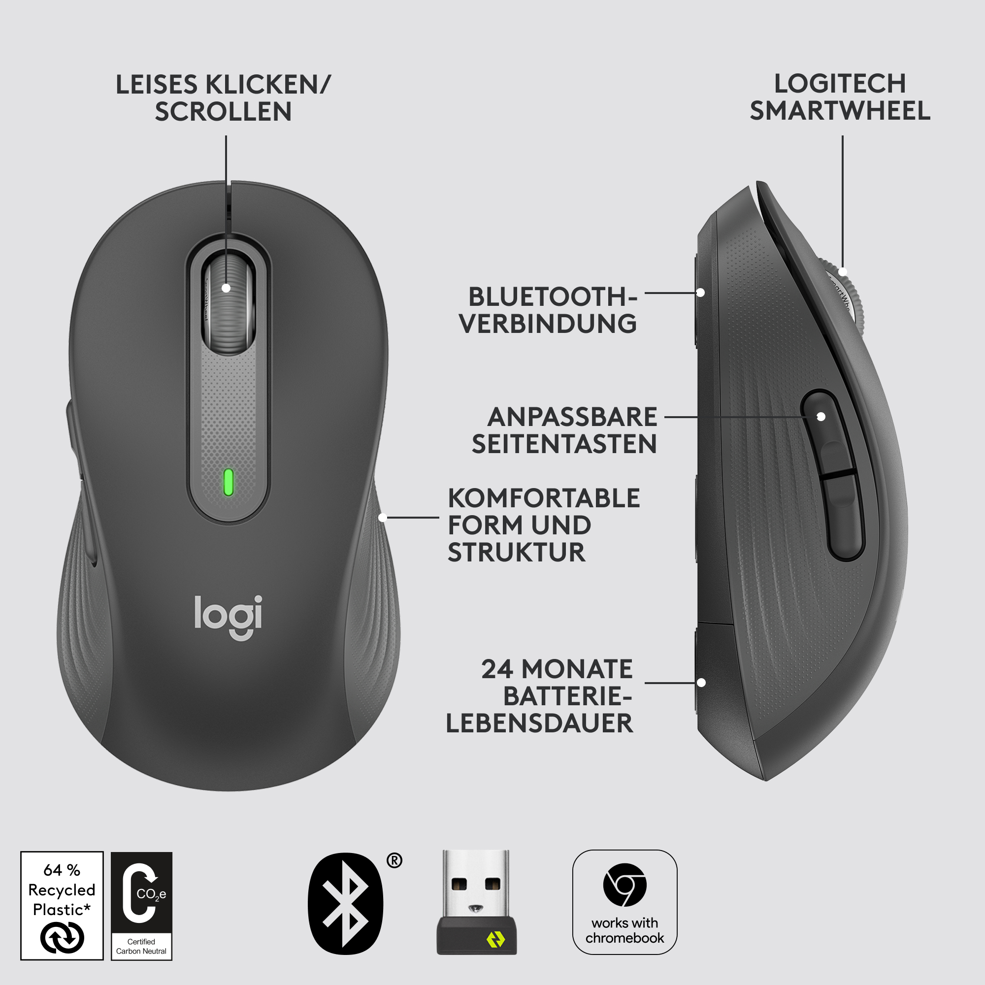 Logitech-Maus. Schwarz und grau, mit Seitentasten, Scrollrad und grünem Licht.