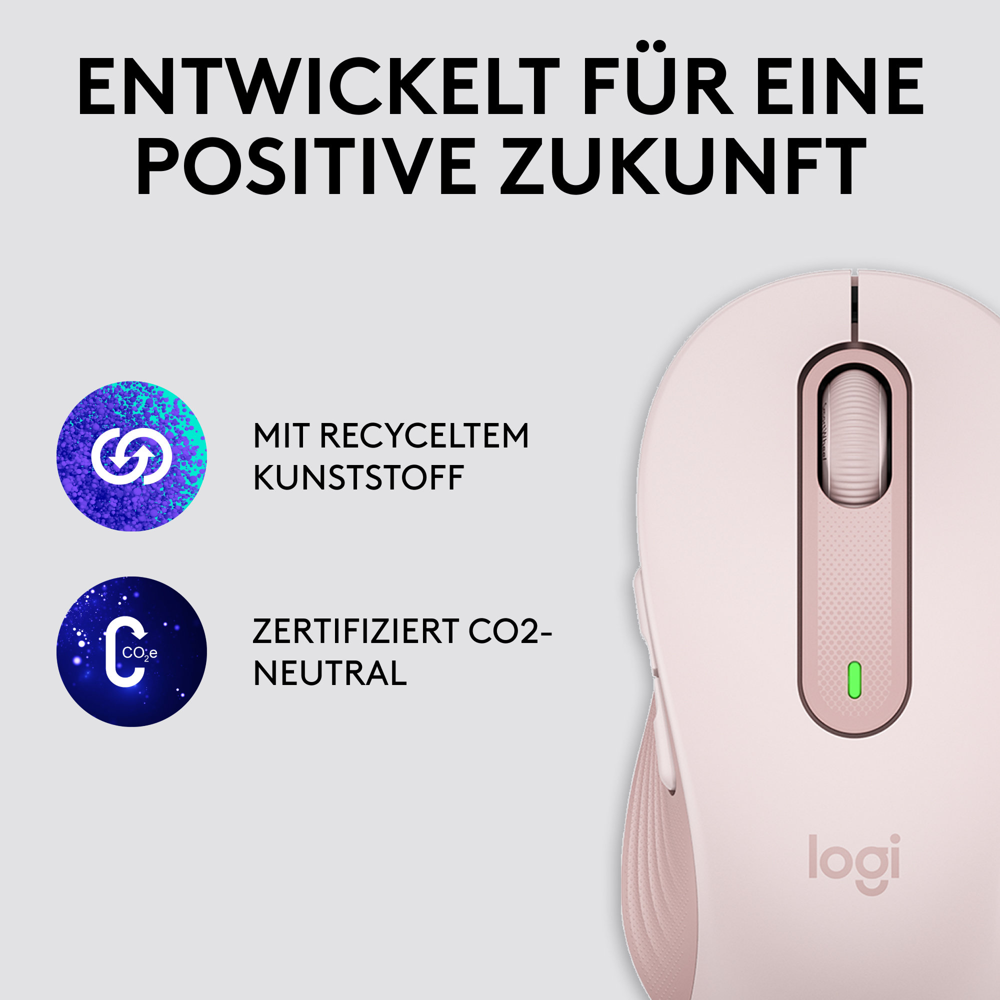 Drahtlose Computermaus in Rosa. Text: Hergestellt aus recyceltem Kunststoff und CO2-neutral. Logi-Logo unten.