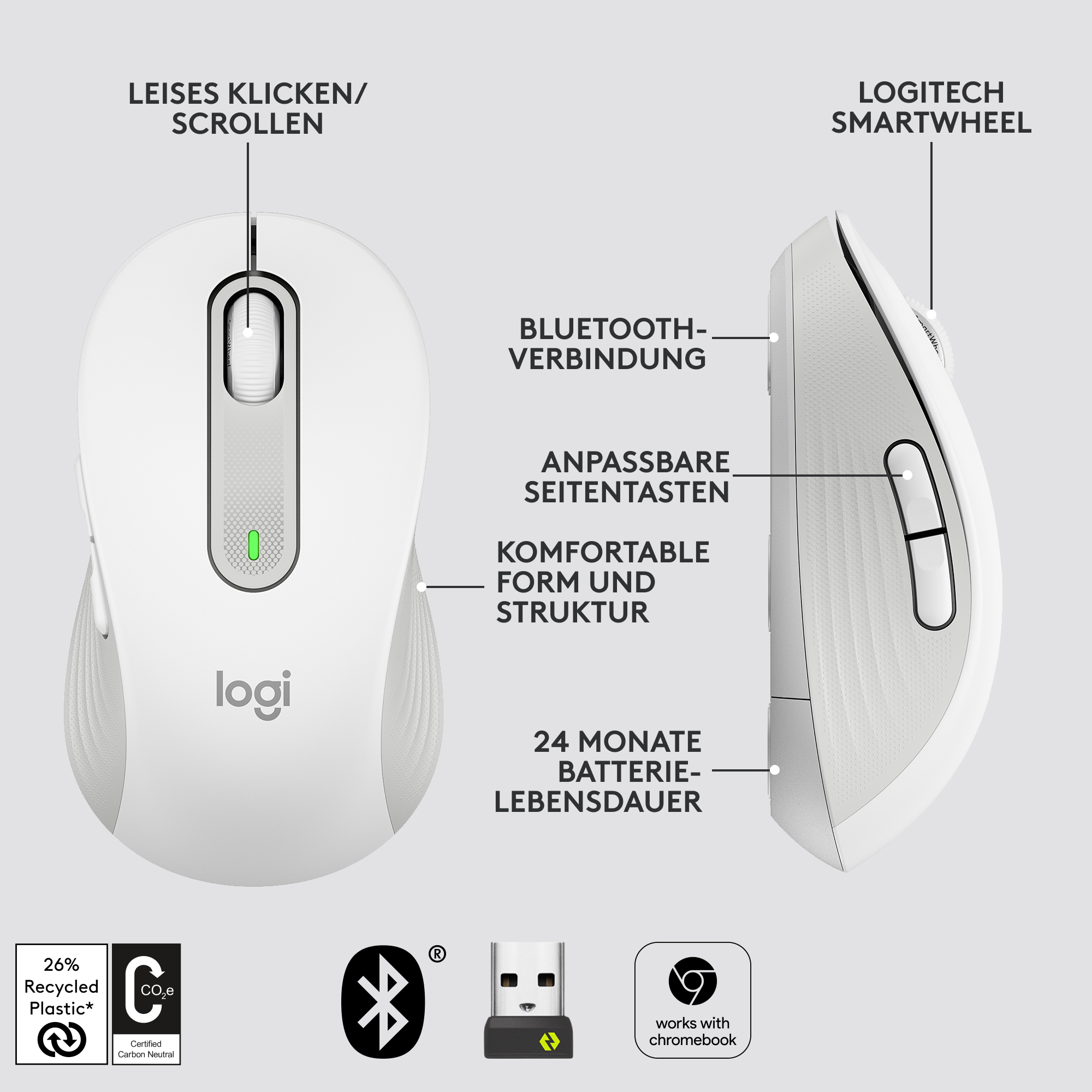 Weiße Logitech-Maus mit beschrifteten Tasten. Zeigt Seiten- und Draufsicht. Bluetooth und Chrome-Logos.