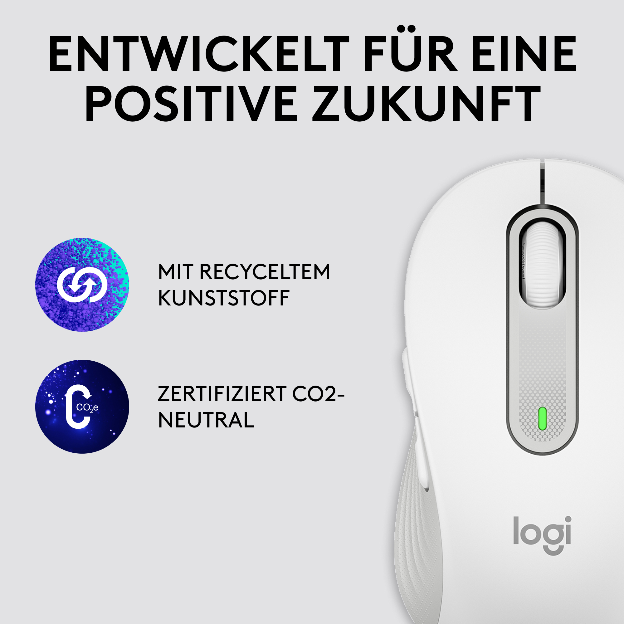 Logitech-Maus. Weiß und grau, mit Text: MIT RECYCELTEM KUNSTSTOFF, ZERTIFIZIERT CO2-NEUTRAL.