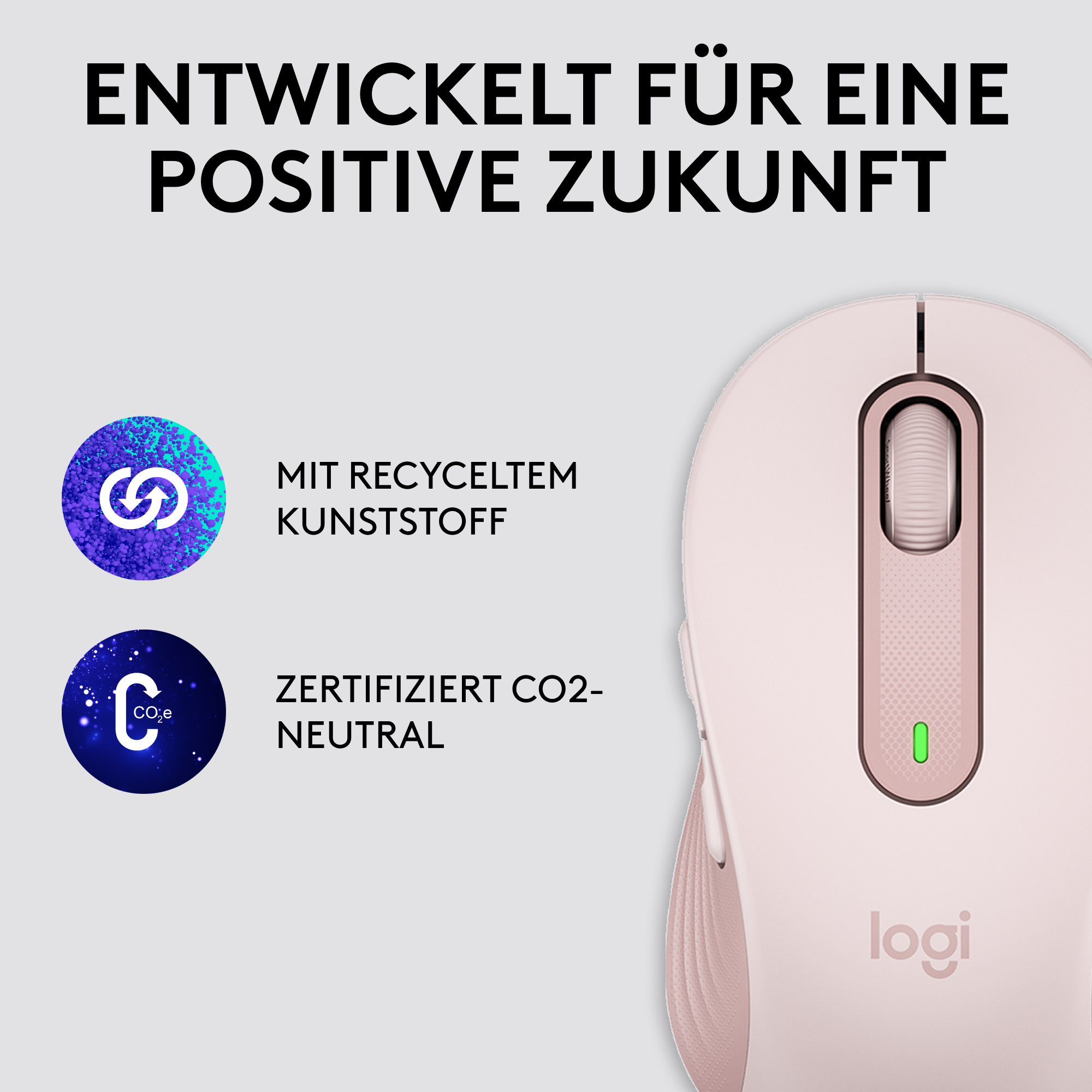 Eine rosa Computermaus mit Text über recycelte Materialien und CO2-neutrale Zertifizierung.