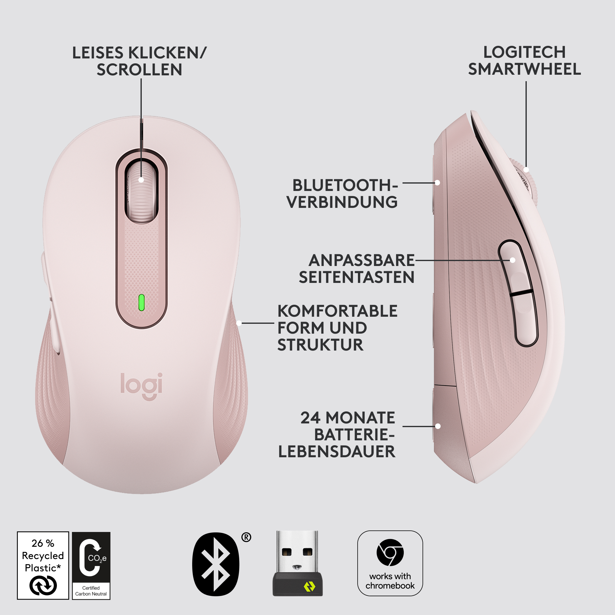 Rosa Logitech-Maus, zeigt Ober- und Seitenansicht. Merkmale: Bluetooth, Tasten und Scrollrad.