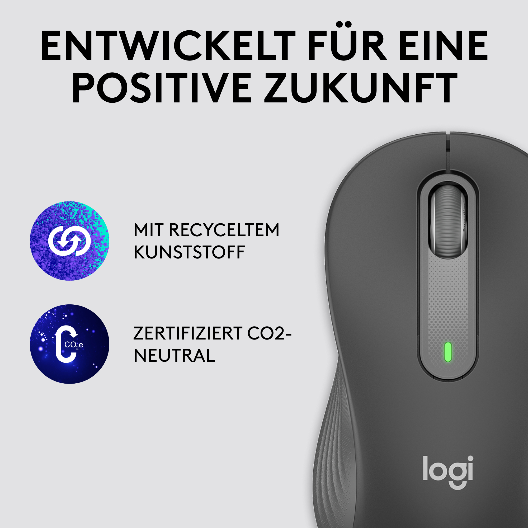 Eine schwarze Computermaus. Text: 'Entwickelt für eine positive Zukunft'.