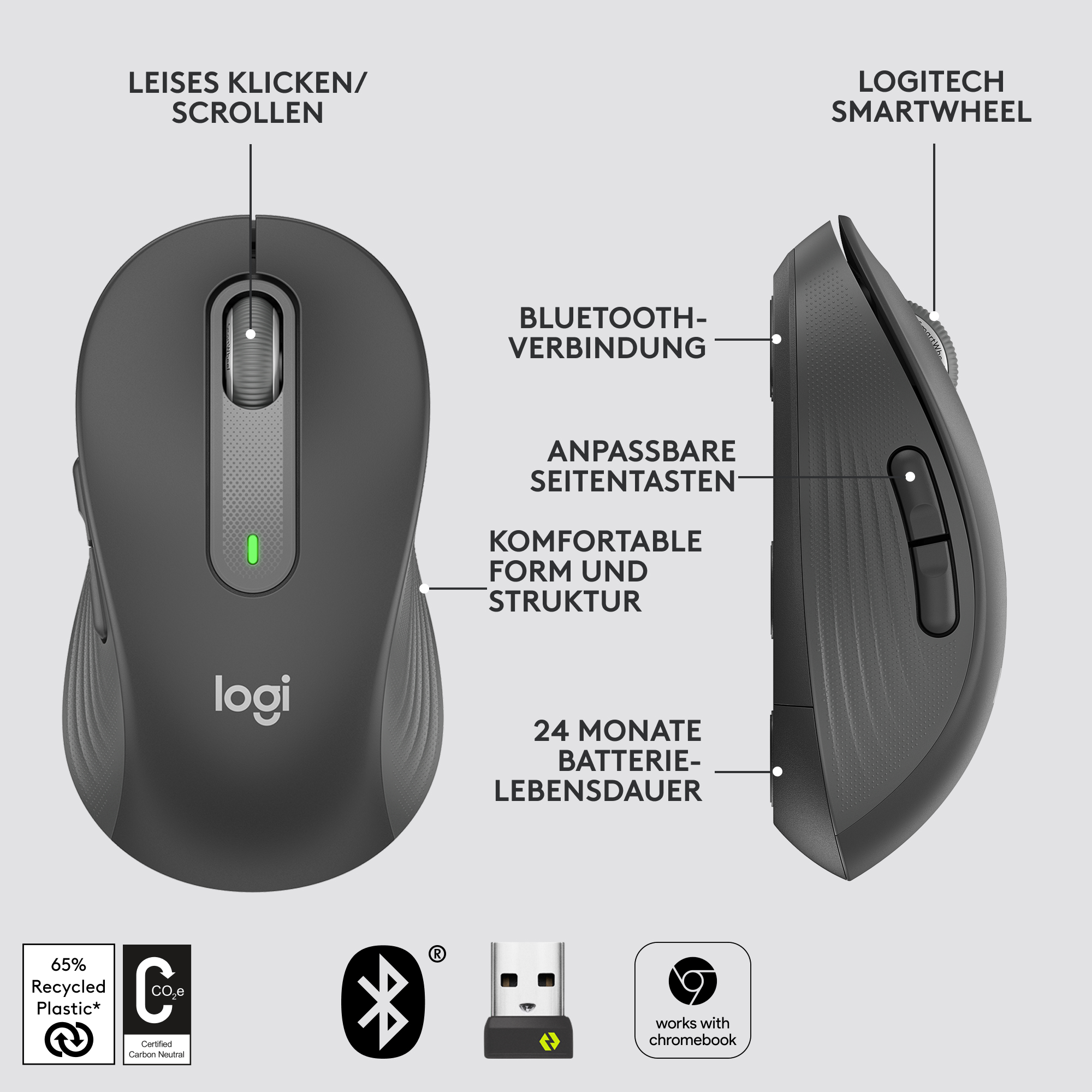 Schwarze Computermaus. Zwei Ansichten. Funktionen sind auf Deutsch beschriftet.