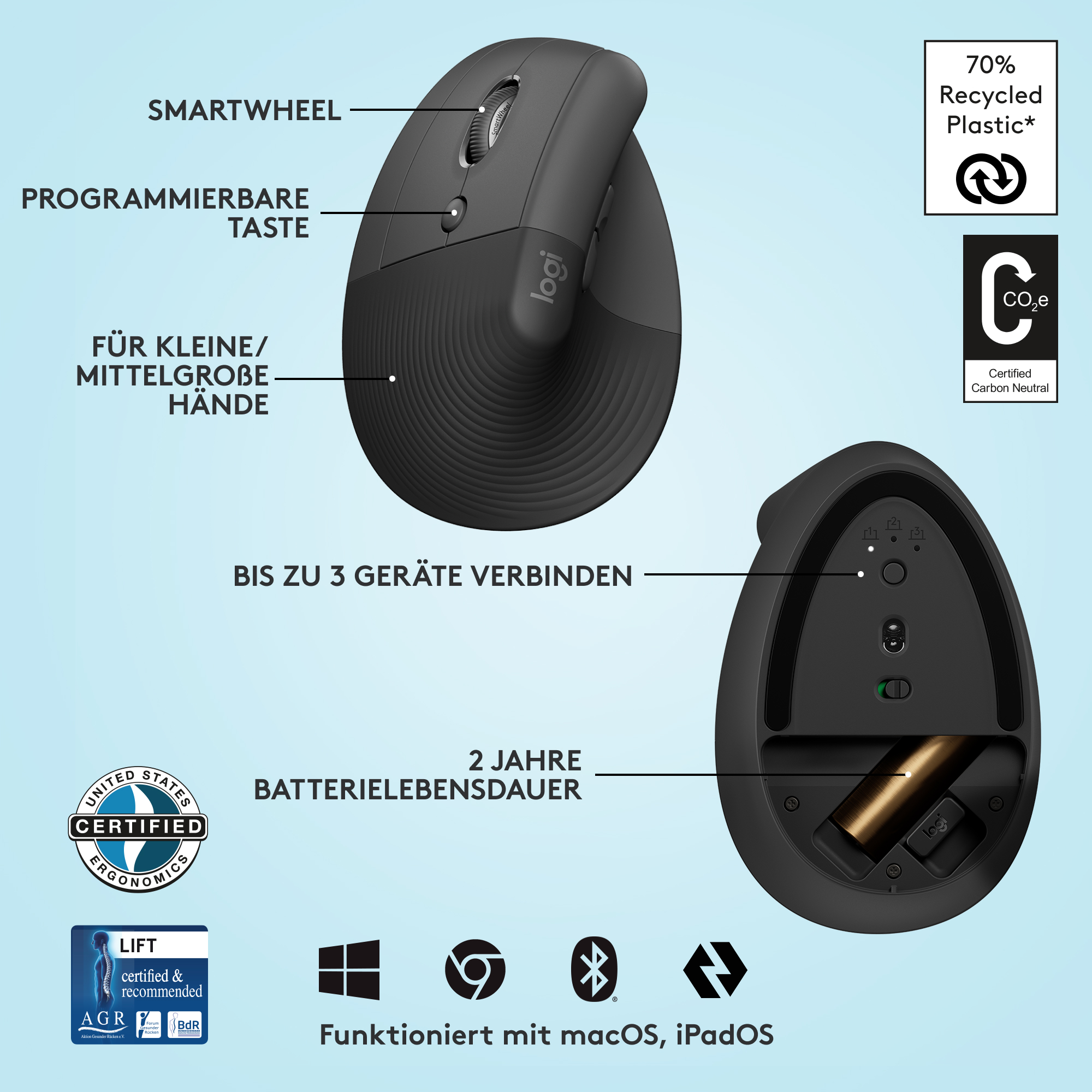 Eine schwarze ergonomische Maus mit Tasten und Scrollrad.