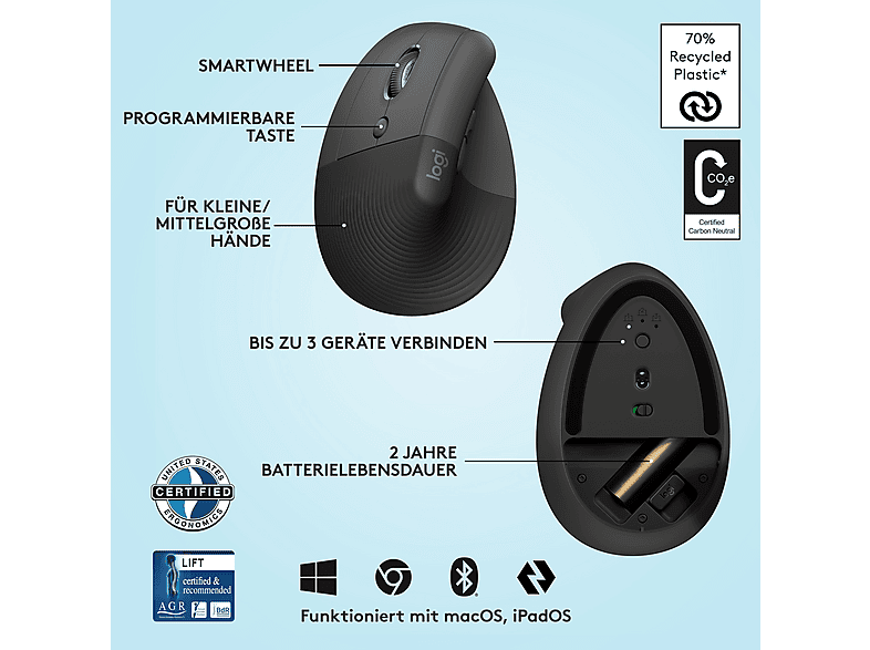 LOGITECH Lift Left Ergonomische kabellose linkshänder Maus, Bluetooth, Grafit — Foto 5 von 5
