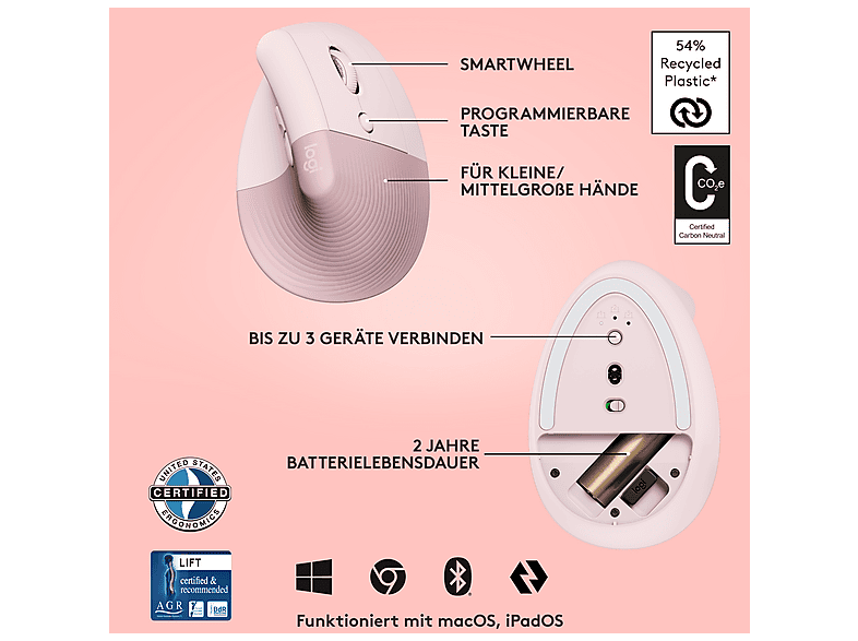 Logitech Lift Vertical Ergonomic Mouse Ergonomische Maus Bluetooth®, Funk Optisch Rose 6 Tasten 400 — Foto 6 von 6