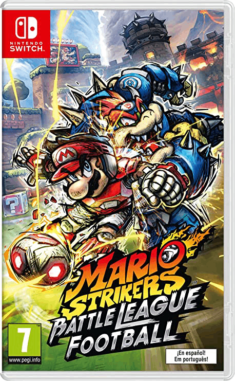 Portada del juego Mario Strikers: Battle League Football. Mario y personajes jugando al fútbol.