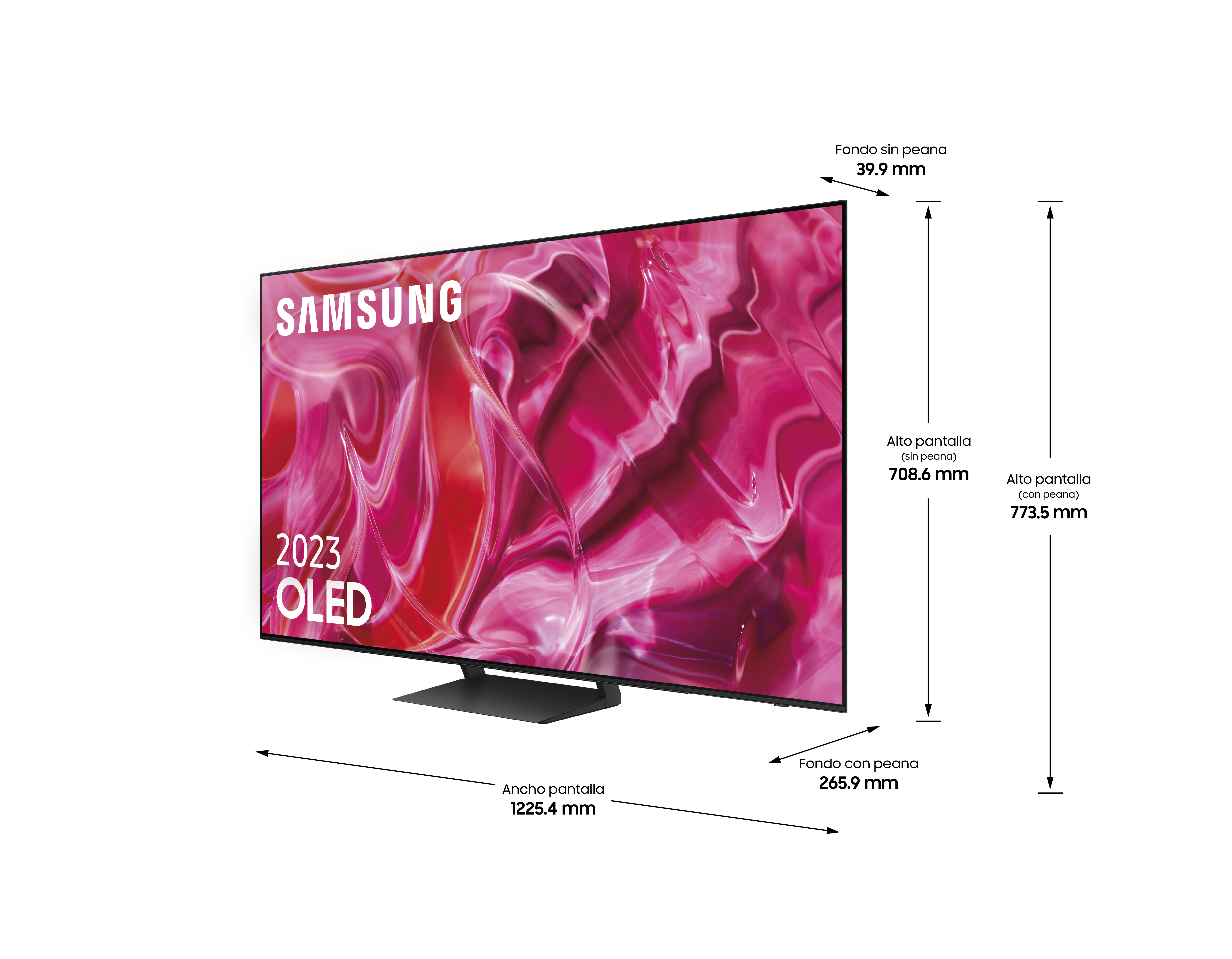Un televisor OLED Samsung 2023, dimensiones mostradas.