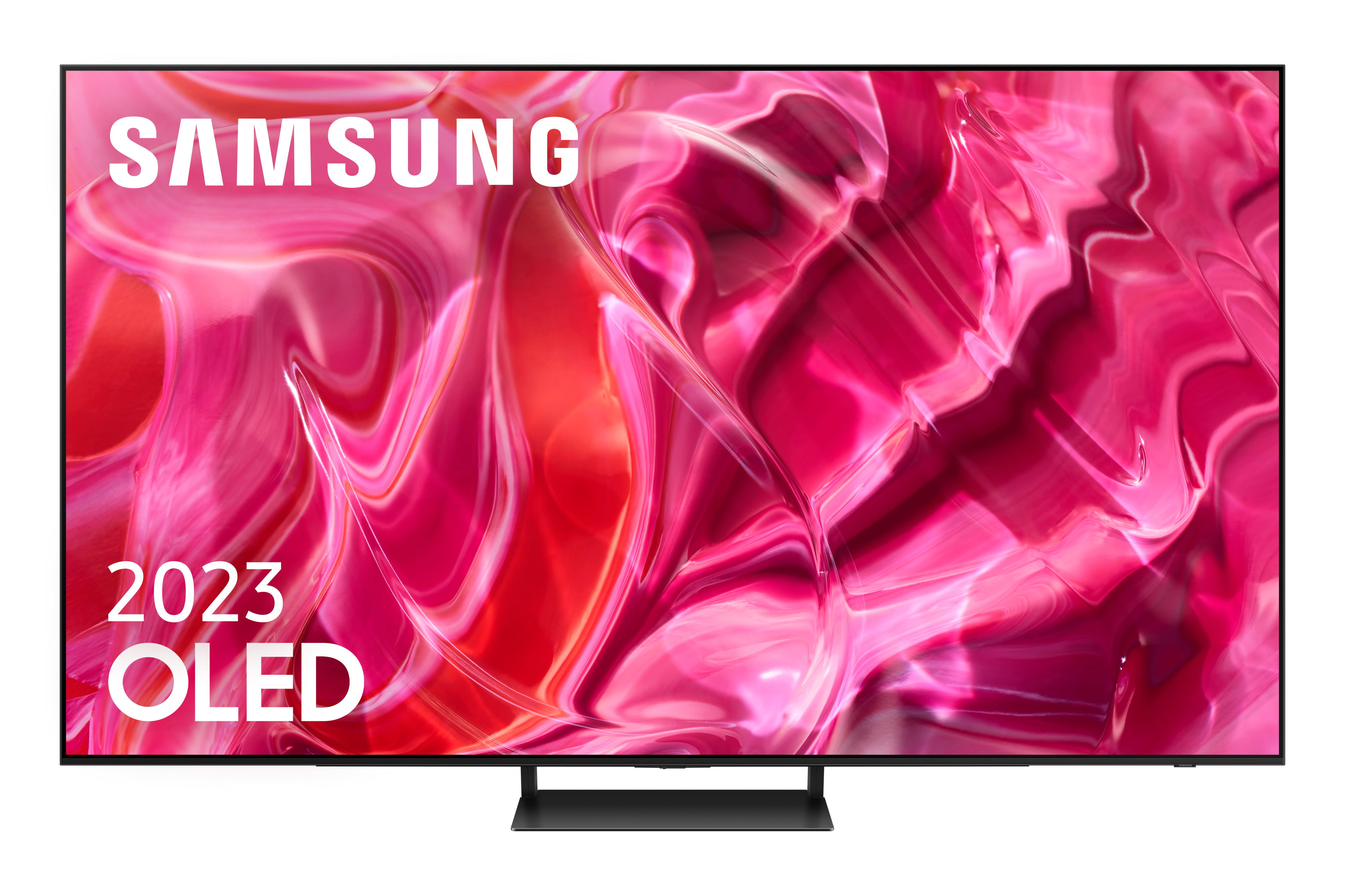 TV Samsung 2023 OLED con pantalla roja y rosa, soporte negro.