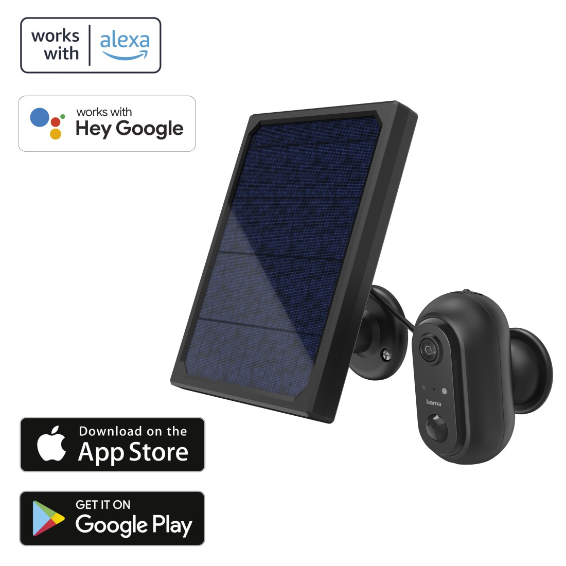 Egy napelem és egy fekete kamera alkalmazás letöltési ikonokkal, Alexa és Google kompatibilitást jelző szöveggel.