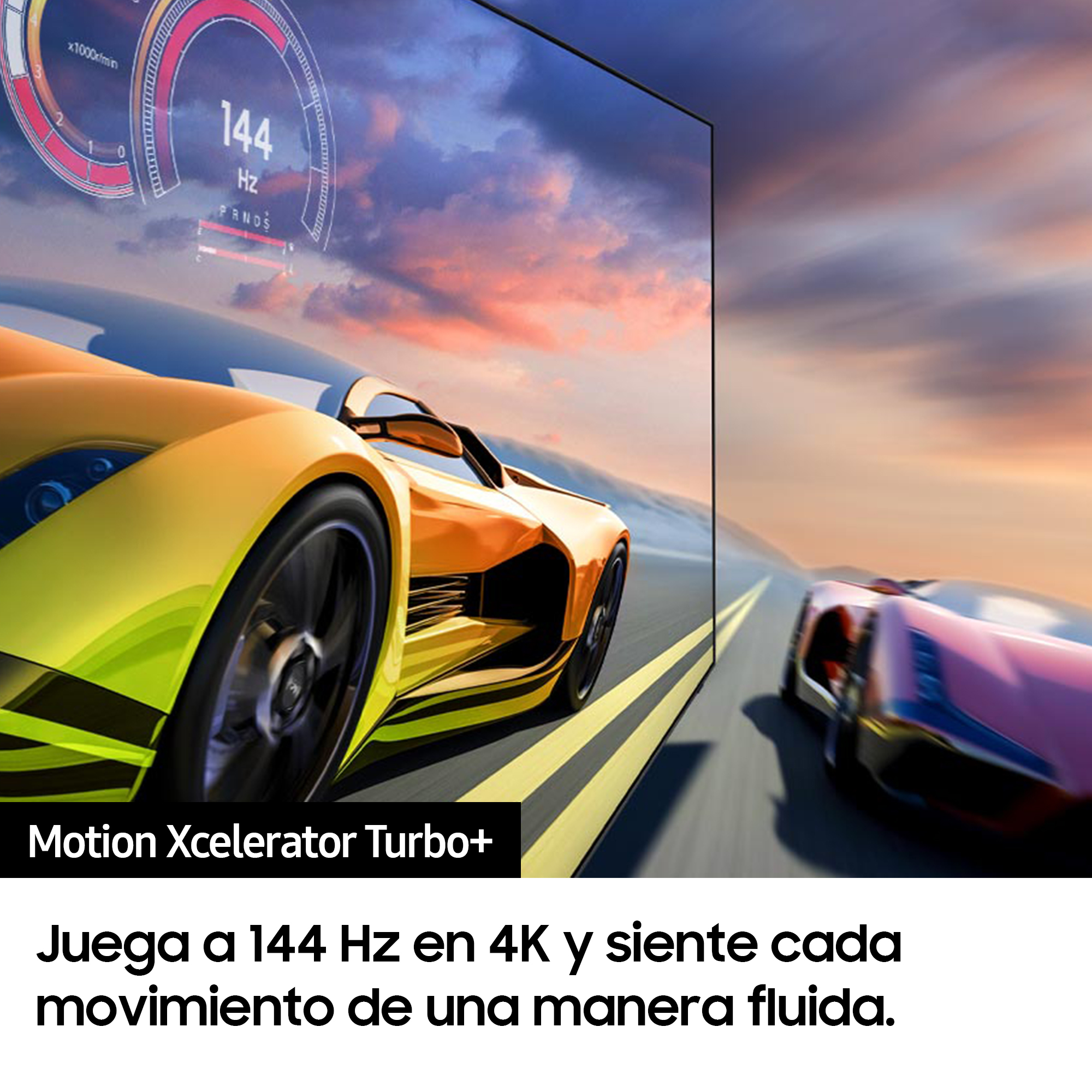 TV mostrando una escena de carreras de coches. El coche es amarillo, efecto borroso.