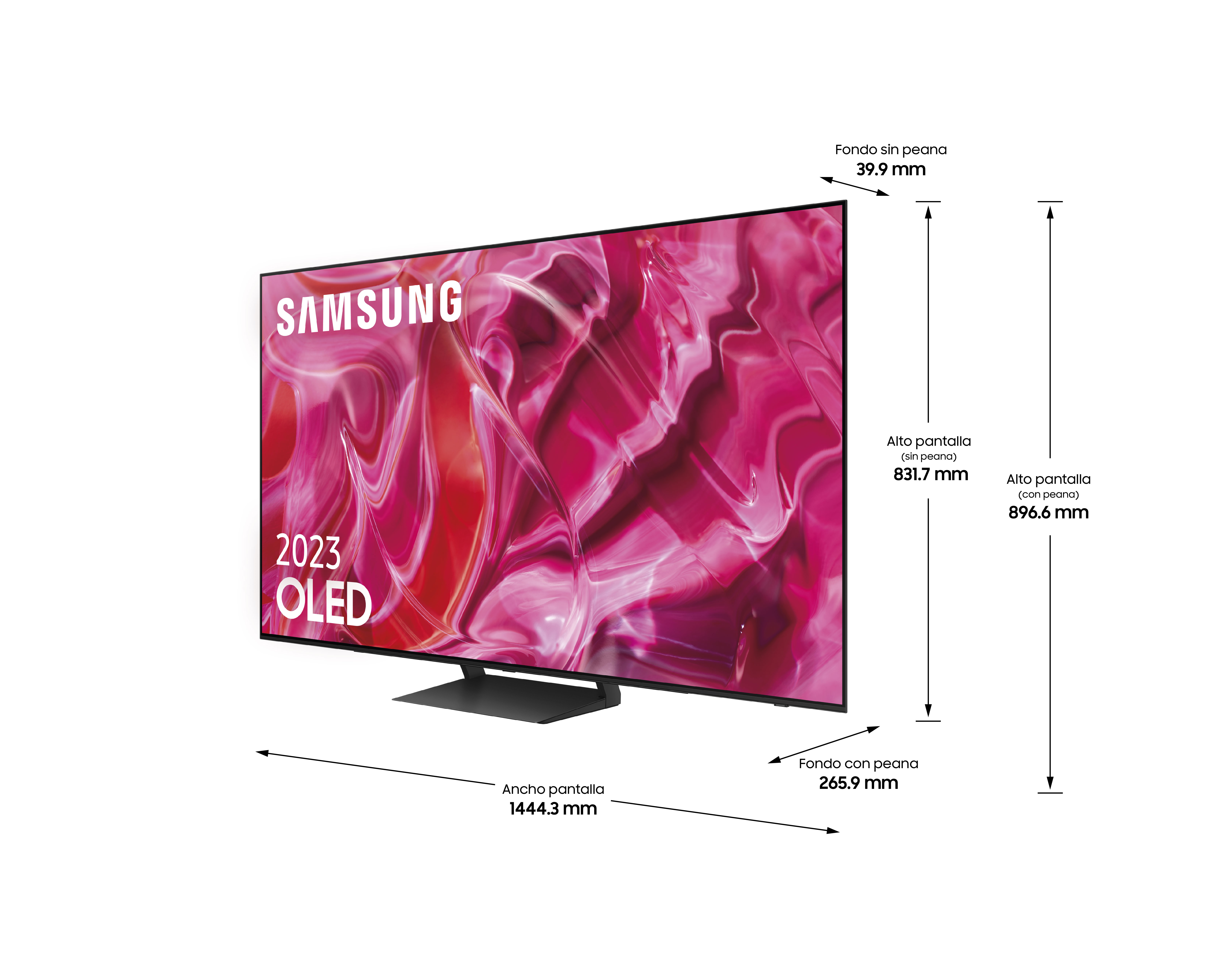 Un televisor Samsung muestra dimensiones. La pantalla muestra un patrón colorido. El texto incluye '2023 OLED' y detalles de tamaño.