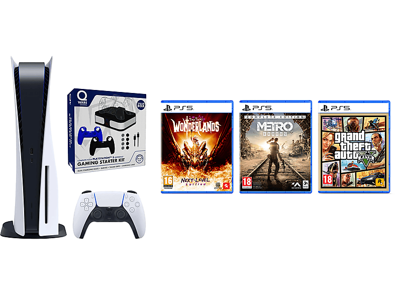 Sony Playstation 5 Disk Edition + Metro Exodus Tiny Tina’s Wonderlands Grand Theft Auto V Qware PS5 Gaming Starter Kit Bundel