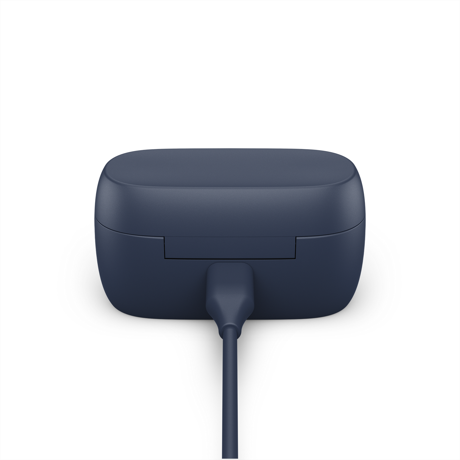 Een oplaadcase voor oordopjes. Het is blauw met een oplaadkabel aangesloten.