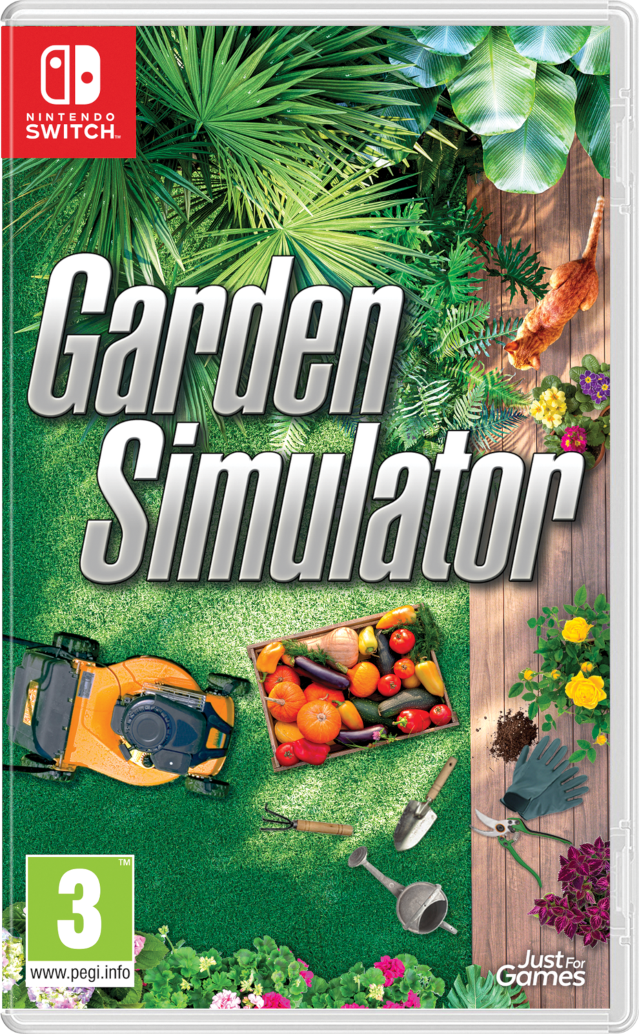 Pochette de jeu Nintendo Switch : Garden Simulator. Pelouse, tondeuse, légumes et un chat.