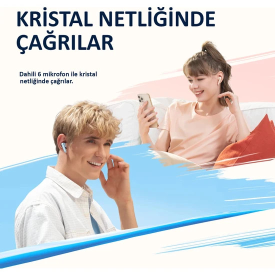 İki kişi, kulaklık takmış gülümsüyor, biri telefon tutuyor, kristal netliğinde aramalar hakkında metin.