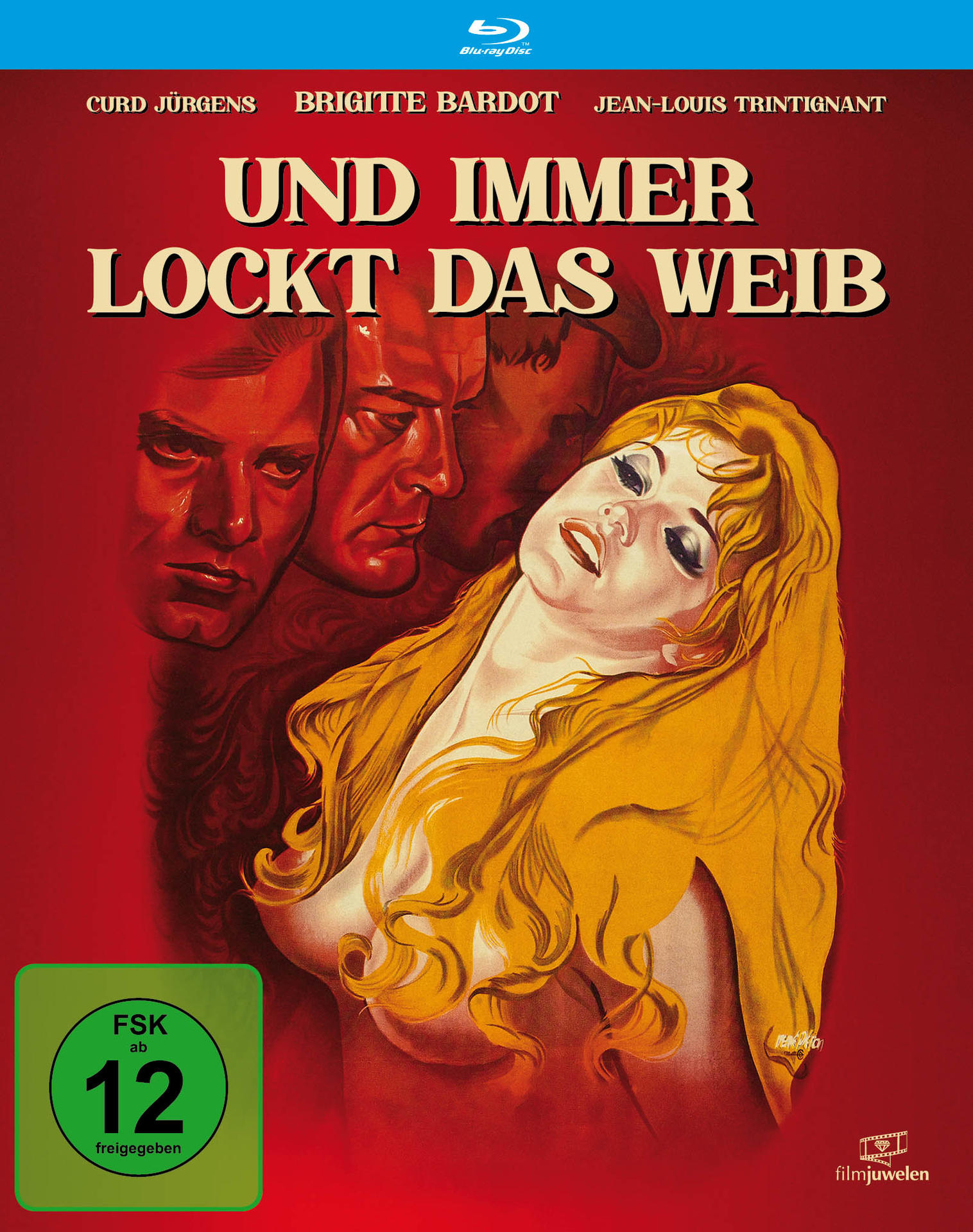 Filmplakat: Frau in einem Kleid, drei Männer. Text auf Deutsch. Roter Hintergrund.
