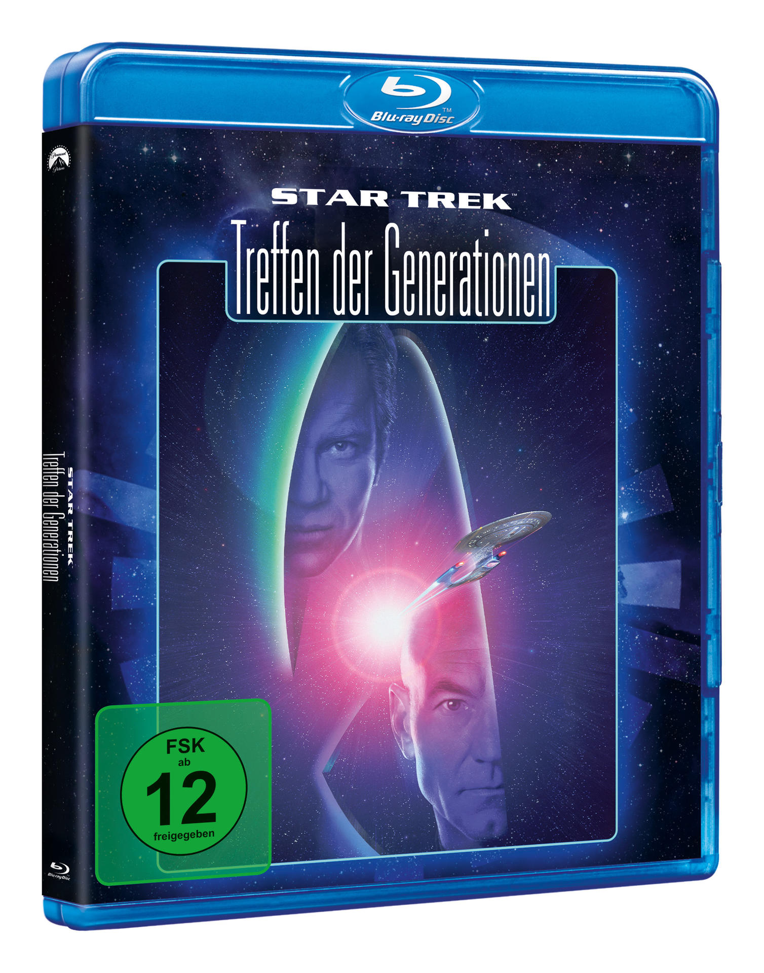 Blu-ray-Disc-Hülle für 'Star Trek: Treffen der Generationen'. Das Cover zeigt Kirk und Picard mit der Enterprise.