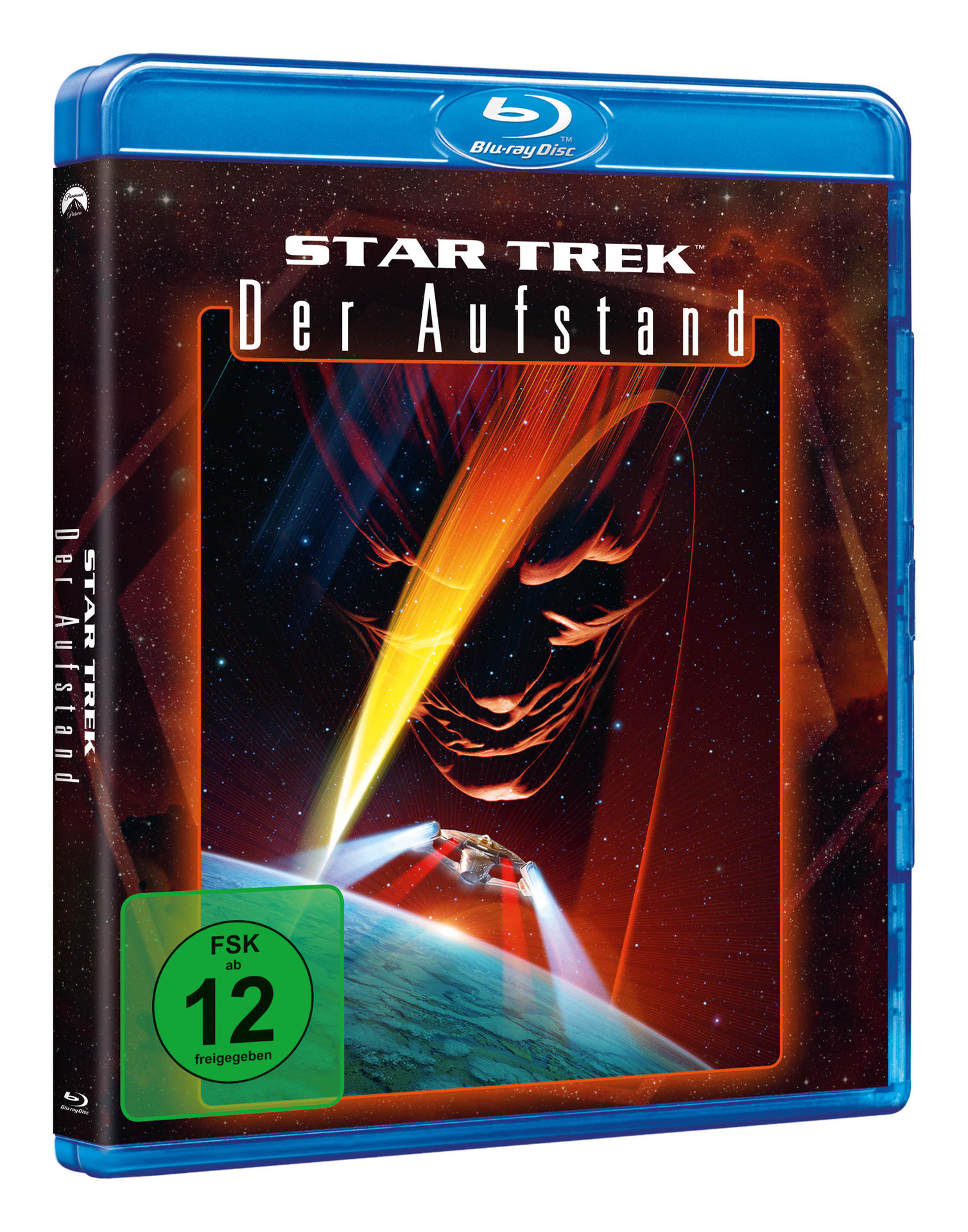 Blu-ray-Hülle für Star Trek: Der Aufstand. Enthält ein Raumschiff und Planetenkunst.