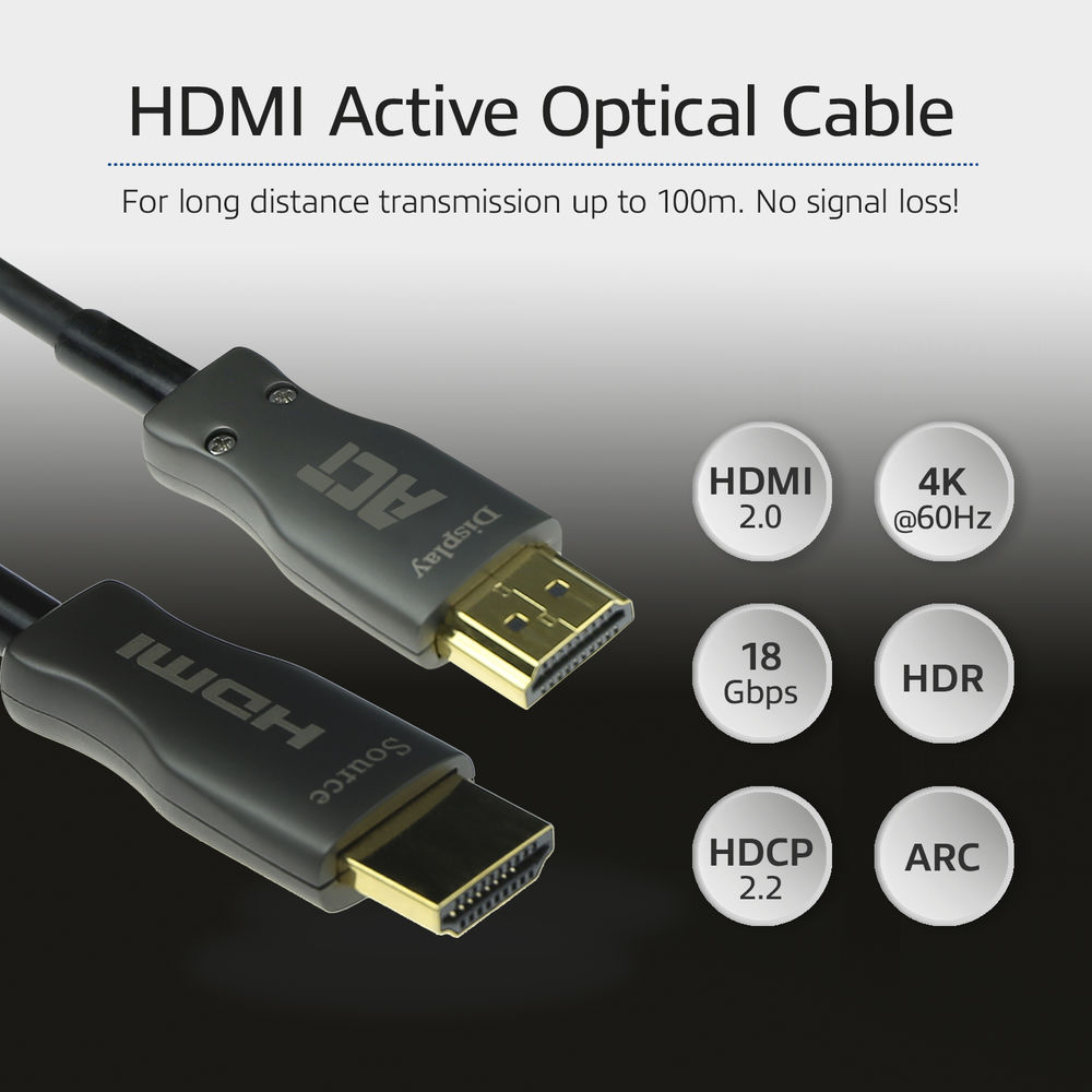 HDMI aktív optikai kábel csatlakozók információs címkékkel.