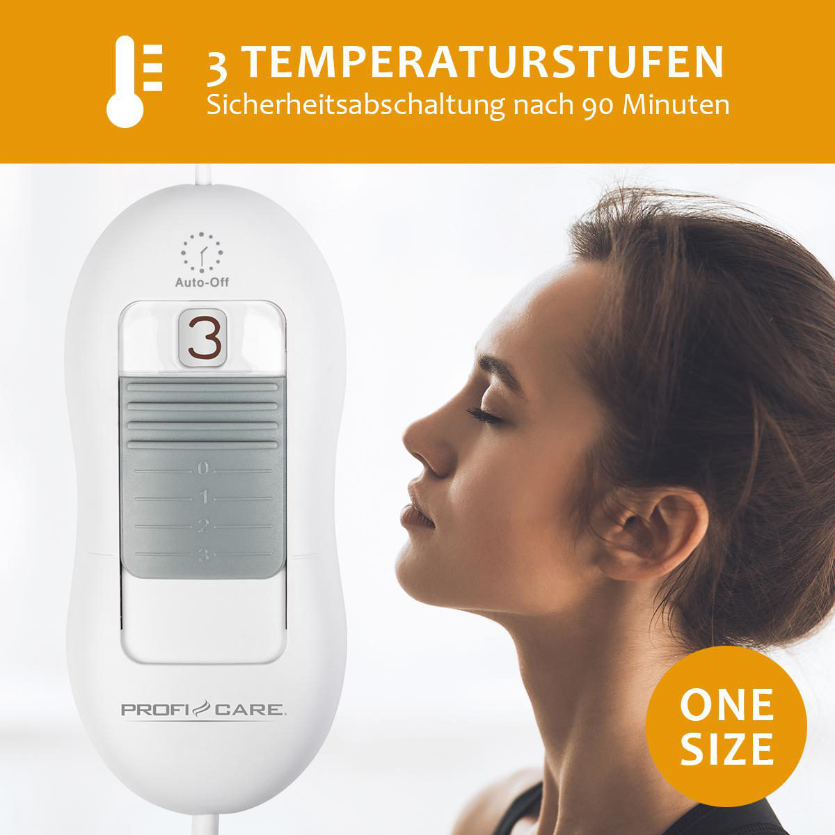 Profil einer Frau neben einem Bedienfeld für eine Heizdecke.