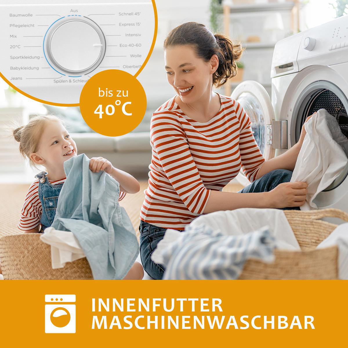 Eine Frau und ein Kind legen Kleidung in eine Waschmaschine. Die Maschineneinstellungen sind sichtbar. Text bis zu 40°C.