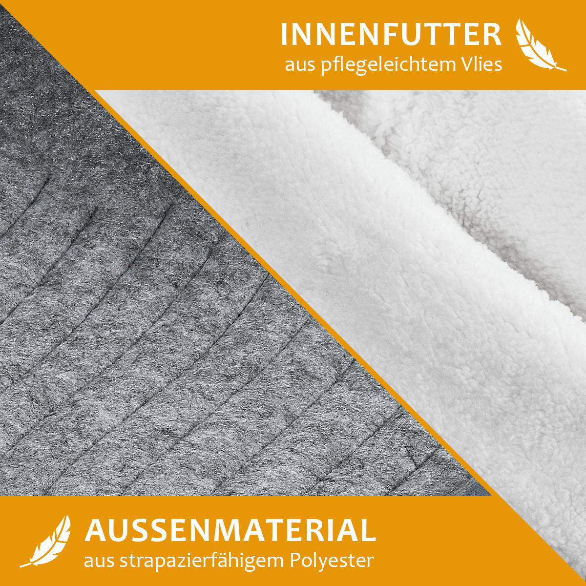 Nahaufnahme von grauem und weißem Stoff mit Text über Materialien.