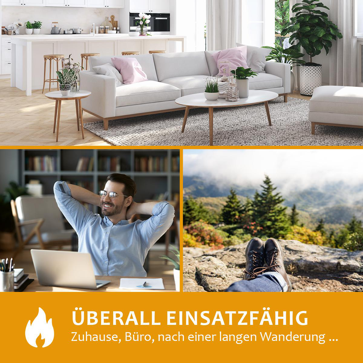 Collage: Wohnzimmer, Person am Laptop, Wanderschuhe in der Natur, Textüberlagerung.