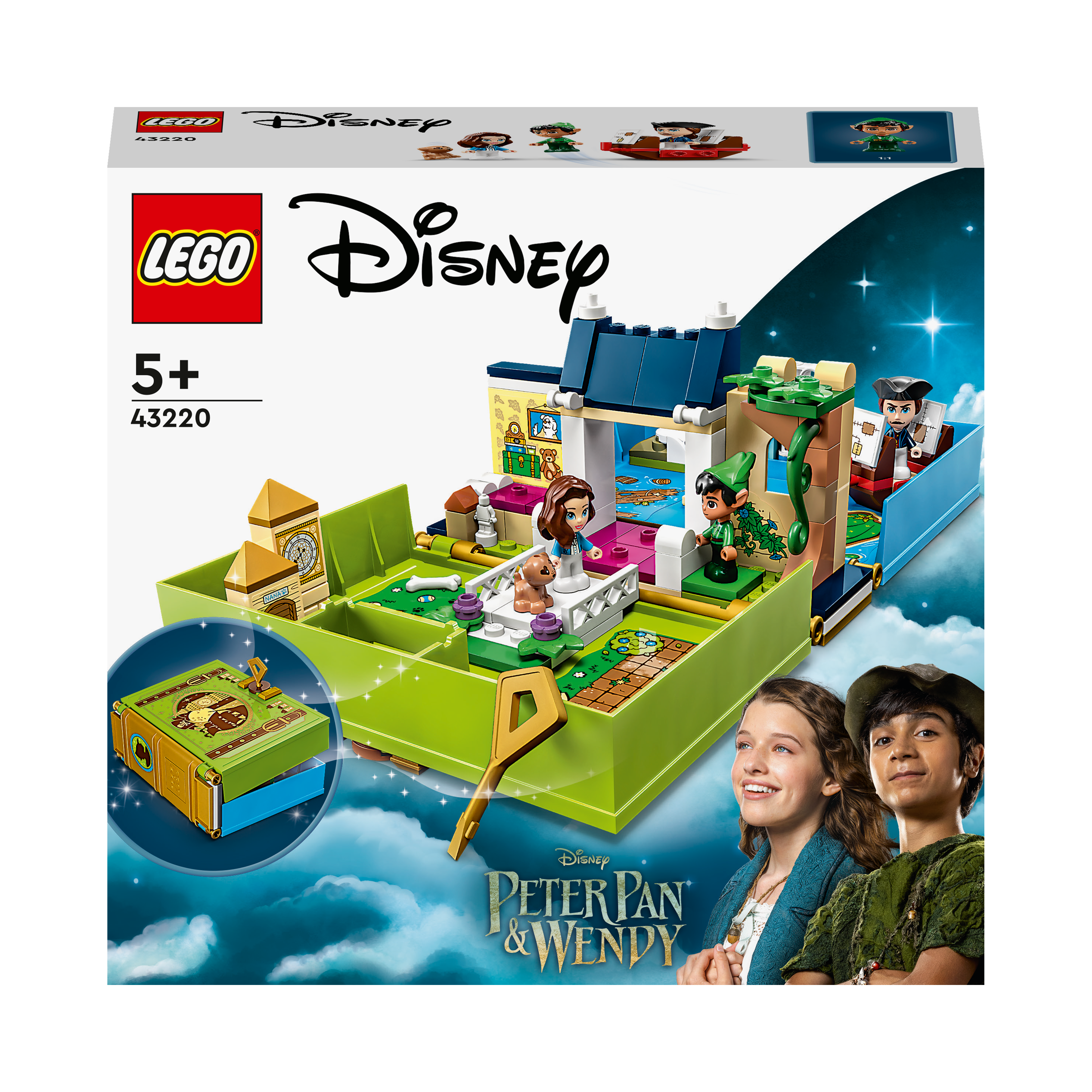 Lego Disney Peter Pan & Wendy Set-Box. Zeigt Charaktere und ein Lego-Diorama eines Gebäudes. Grüne Basis.