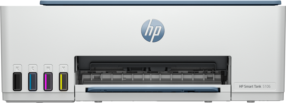 HP Smart Tank 5106 printer met zichtbare inktreservoirs. Blauwe accenten, witte behuizing, HP-logo.