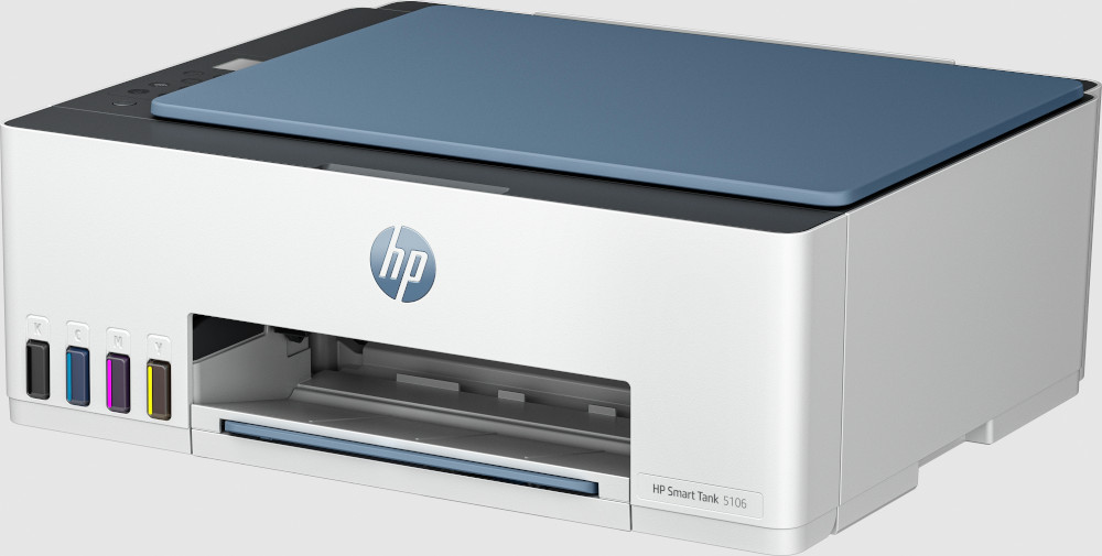 Witte en grijze printer met blauwe bovenklep en logo.