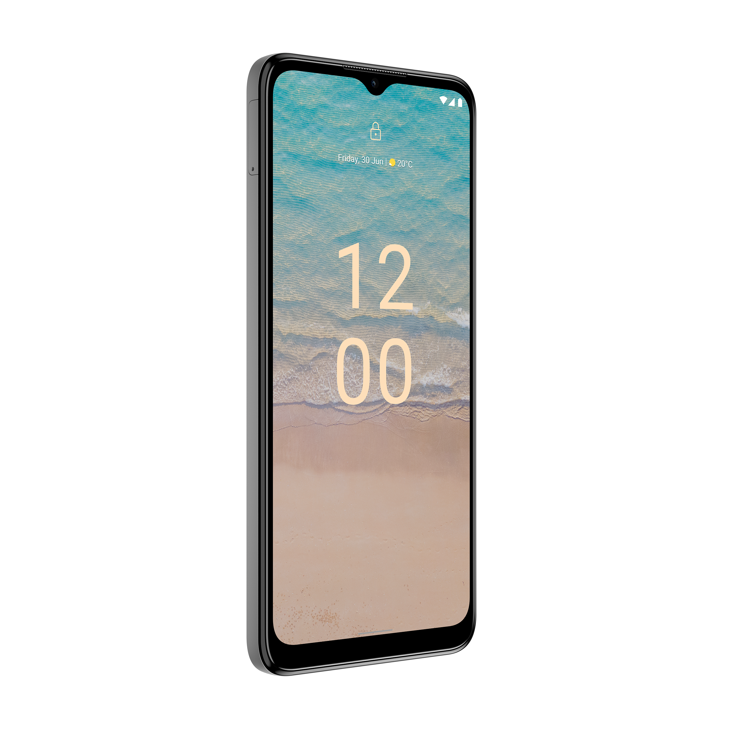 Schwarzes Smartphone mit Strand-Lockscreen. Die Uhrzeit ist 12:00. Das Telefon befindet sich auf schwarzem Hintergrund.