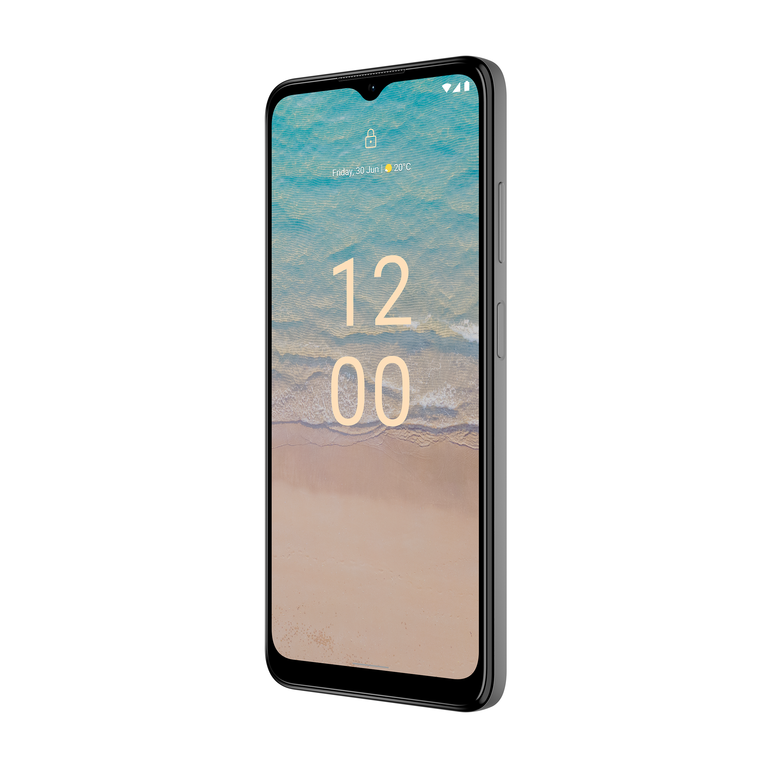 Ein schwarzes Smartphone. Der Bildschirm zeigt Datum, Uhrzeit und ein Strandbild.